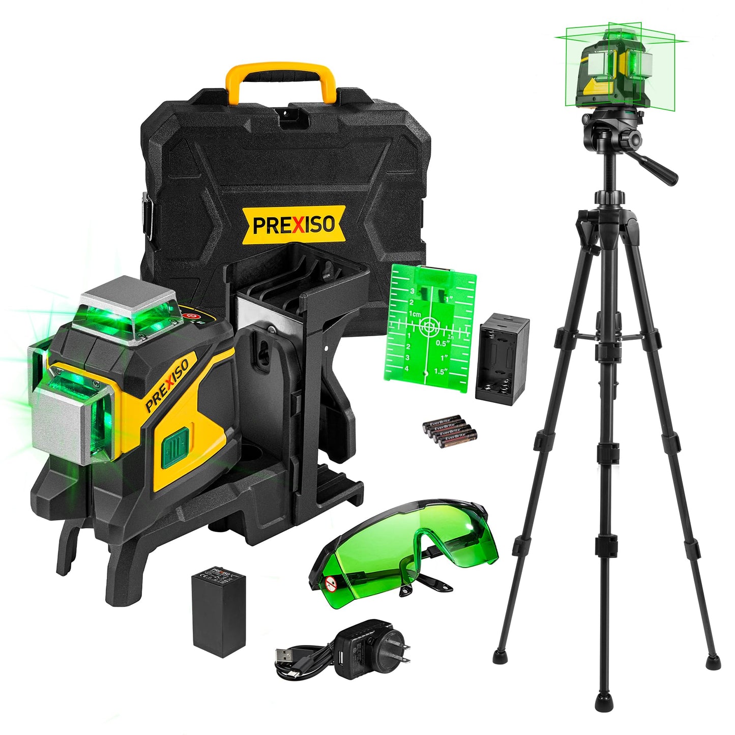 PREXISO Laser Level 3 X 360° Self Leveling with 47 In. Tripod, IP54 Rechargeable 100Ft Green Lazer Leveler Tool for Construction, Home Renovation with Magnetic Base, Battery Adapter, Case, Accessories