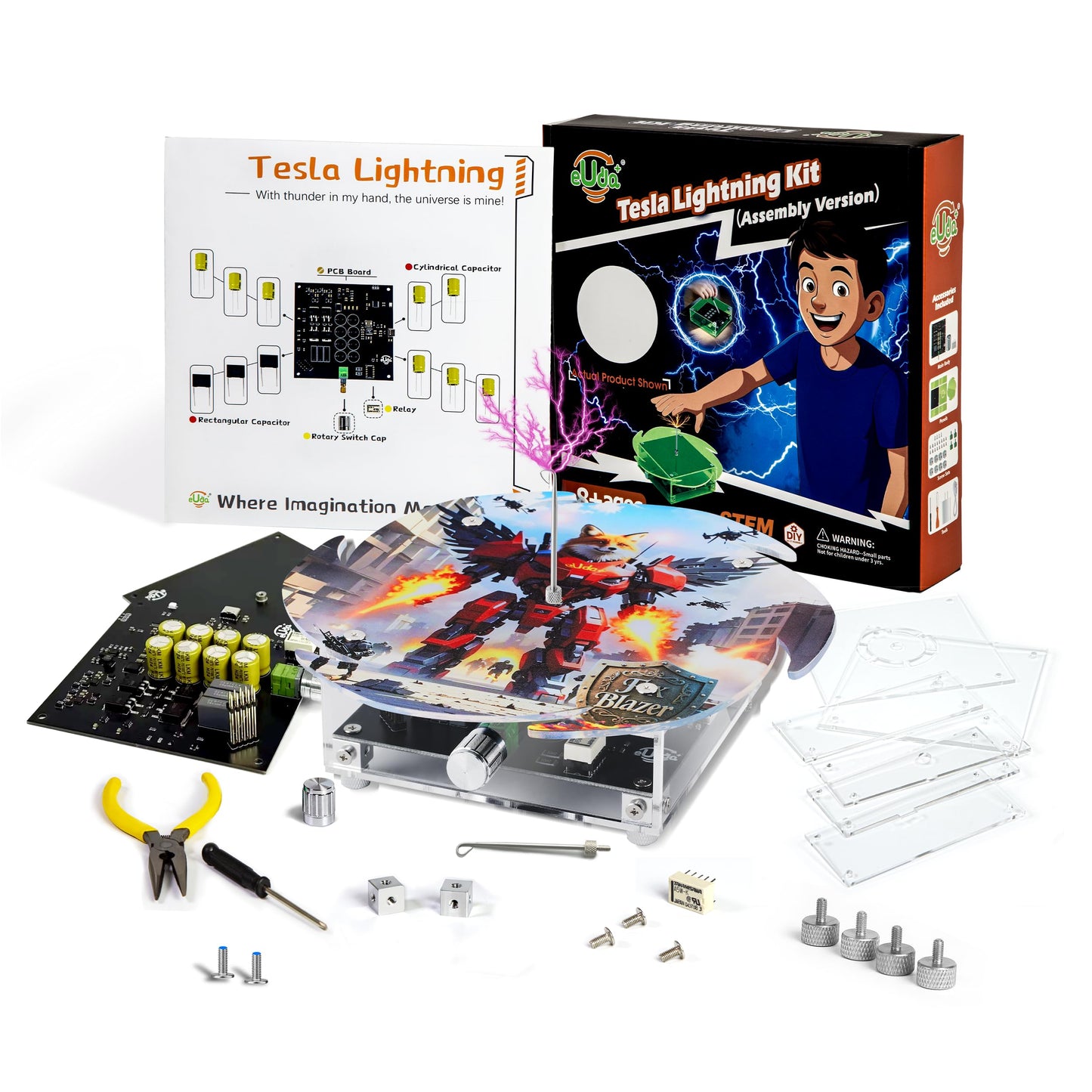 eUda+ STEM Tesla Lightning Kit for Kids&Adults 8-10 11-17 18+ Stem Toys for Ages 8-13 Teen Gift for Boys Girls 13-17 Science Kit for Kids 12-16 Build Your Own Tesla Coil Kit (Assembly Version, FWFB)