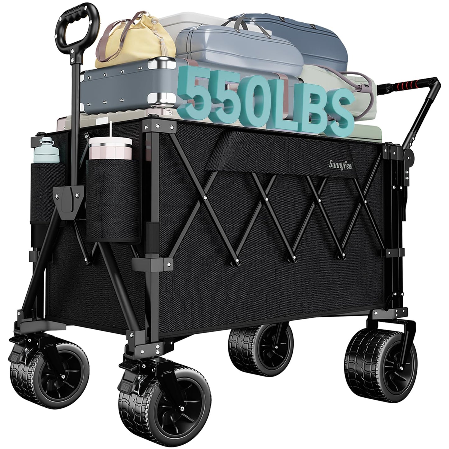 SUNNYFEEL 550LBS Collapsible Wagon Cart - Heavy Duty Push Pull Foldable Wagon with Dual Handles and Big Wheel,Utility Cart with Rear Tailgate for Camping, Fishing, Gardening, Shopping, Black