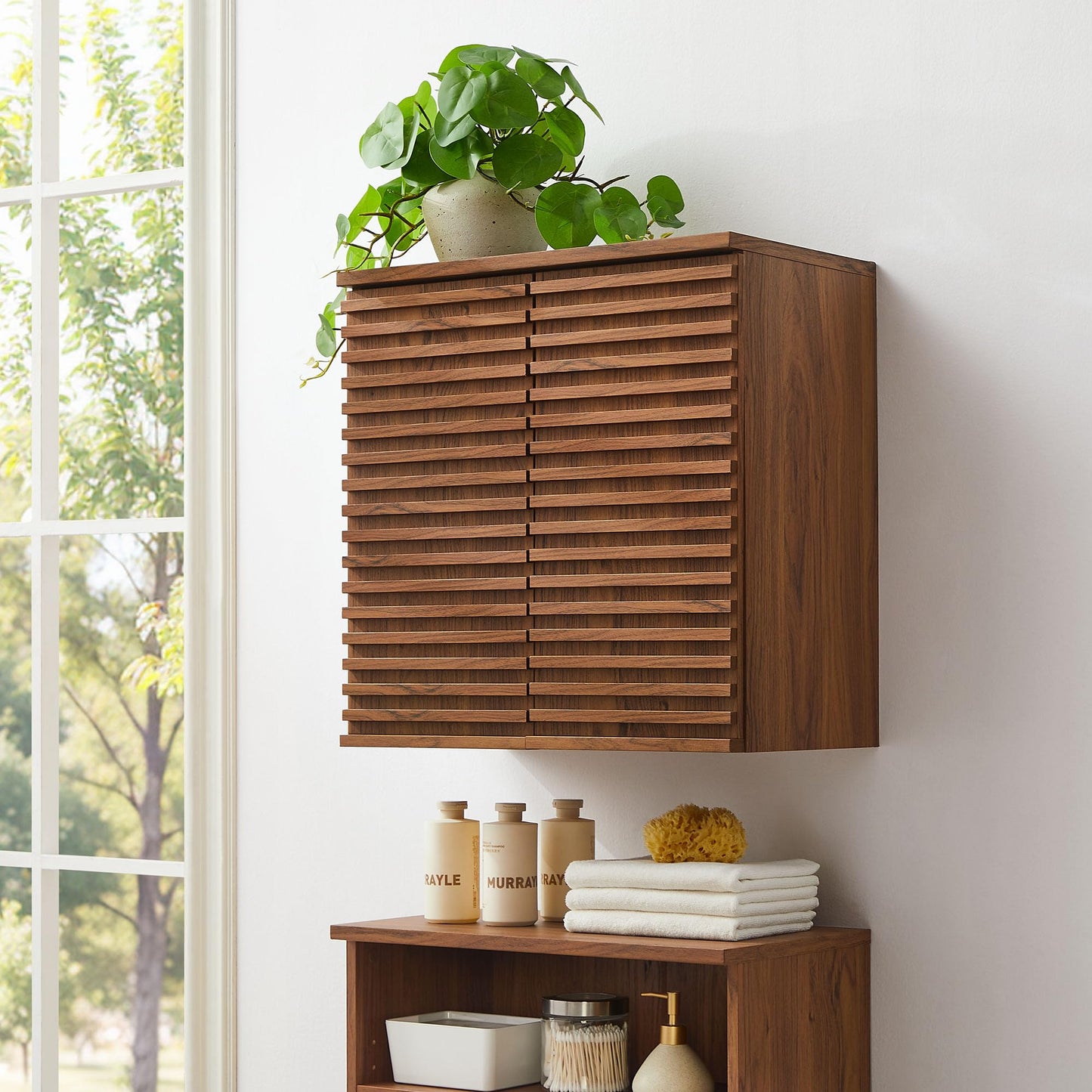 Modway Render Wall Mounted Bathroom Cabinet in Walnut - 23.5 Inch Compact Wall Storage with Slatted Doors and Adjustable Shelves for Bathroom or Laundry Room