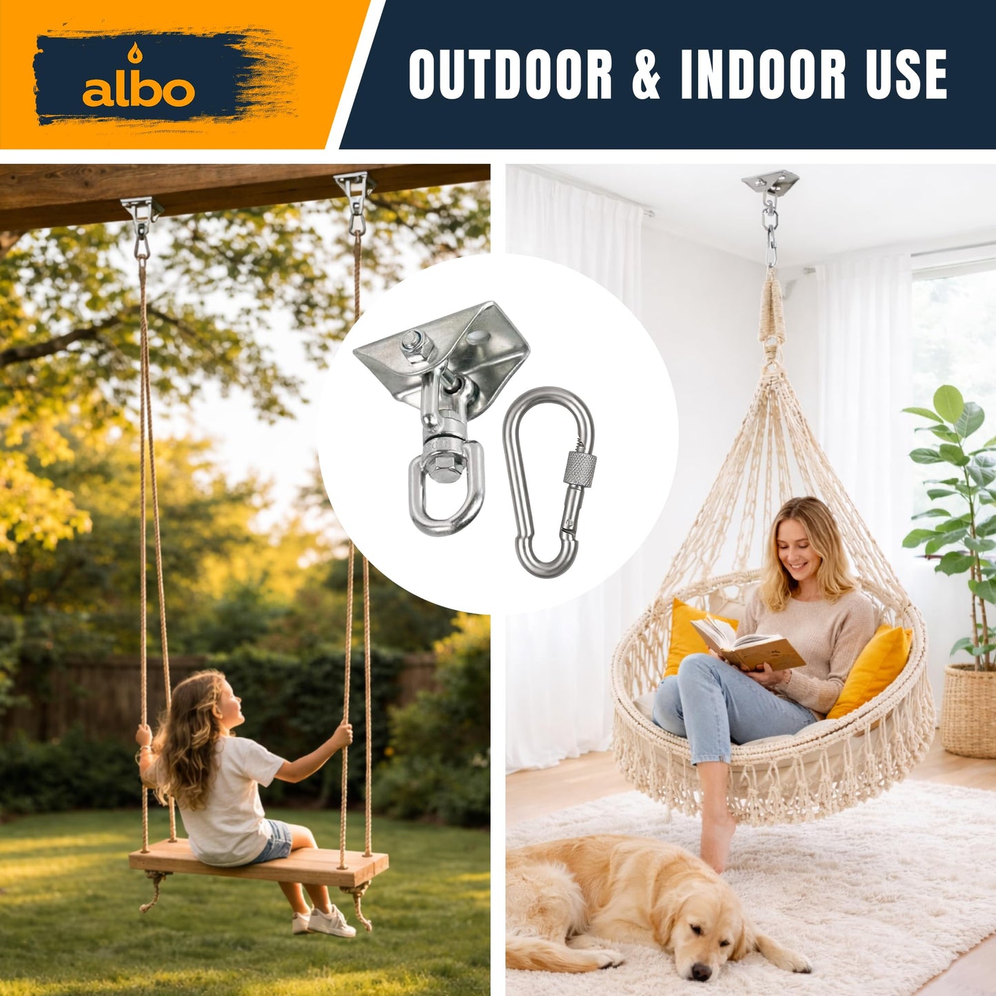 Albo 2650 LBS Heavy Duty Swing Hangers 4 Pack, 360° Swivel Ceiling Mount, Hammock Chair & Porch Swing Hardware,TRX, Yoga Swing & Punching Bag Ceiling Mount for Wood Beam & Concrete