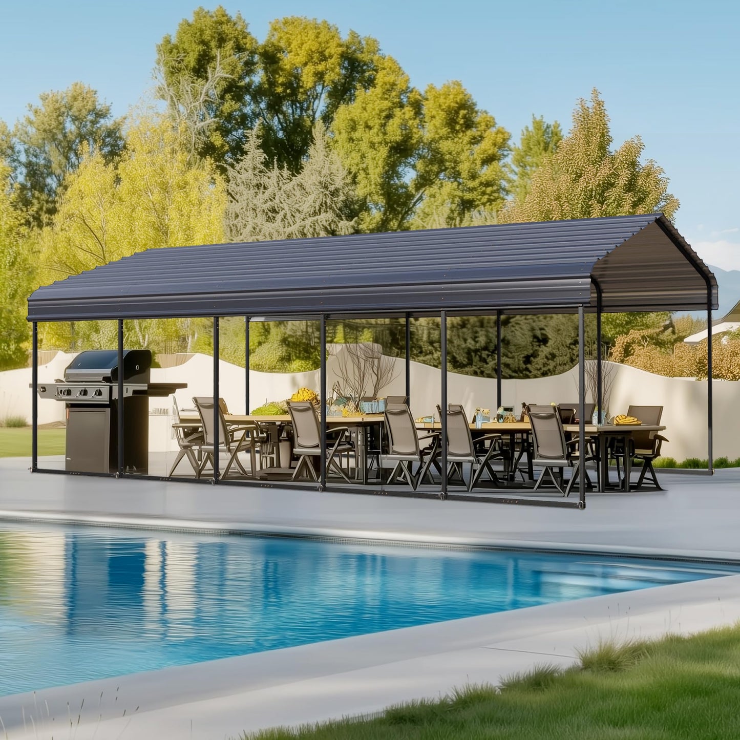 Carport 12x25 ft, Heavy Duty Car Ports Porable Garage Kit Shed Tent Shelter Metal Frame All Weather Outdoor for Boat with Removable Sidewalls, Grey