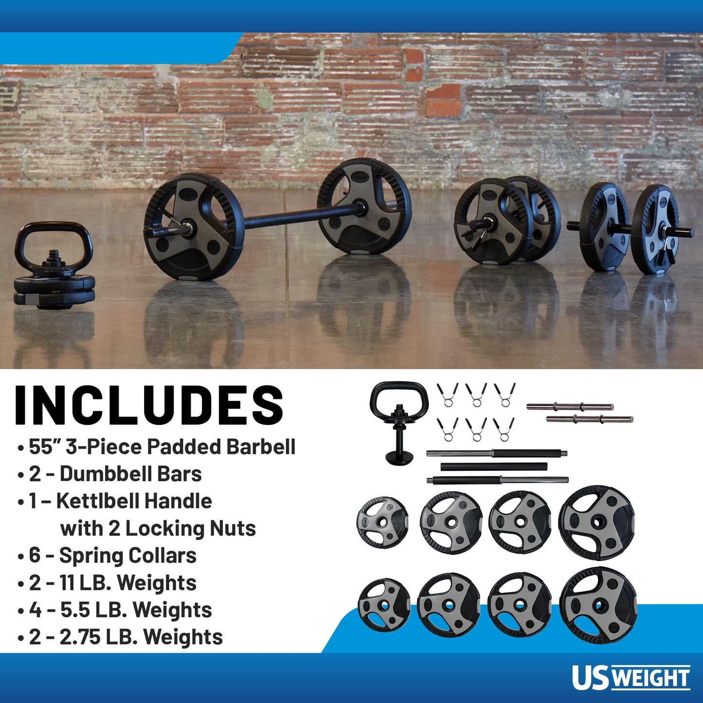 US Weight 54 Pound Adjustable Weight Set with 55" Barbell, Dumbbells, and Kettlebell Handle – Versatile Exercise Equipment for Home Gym Workouts