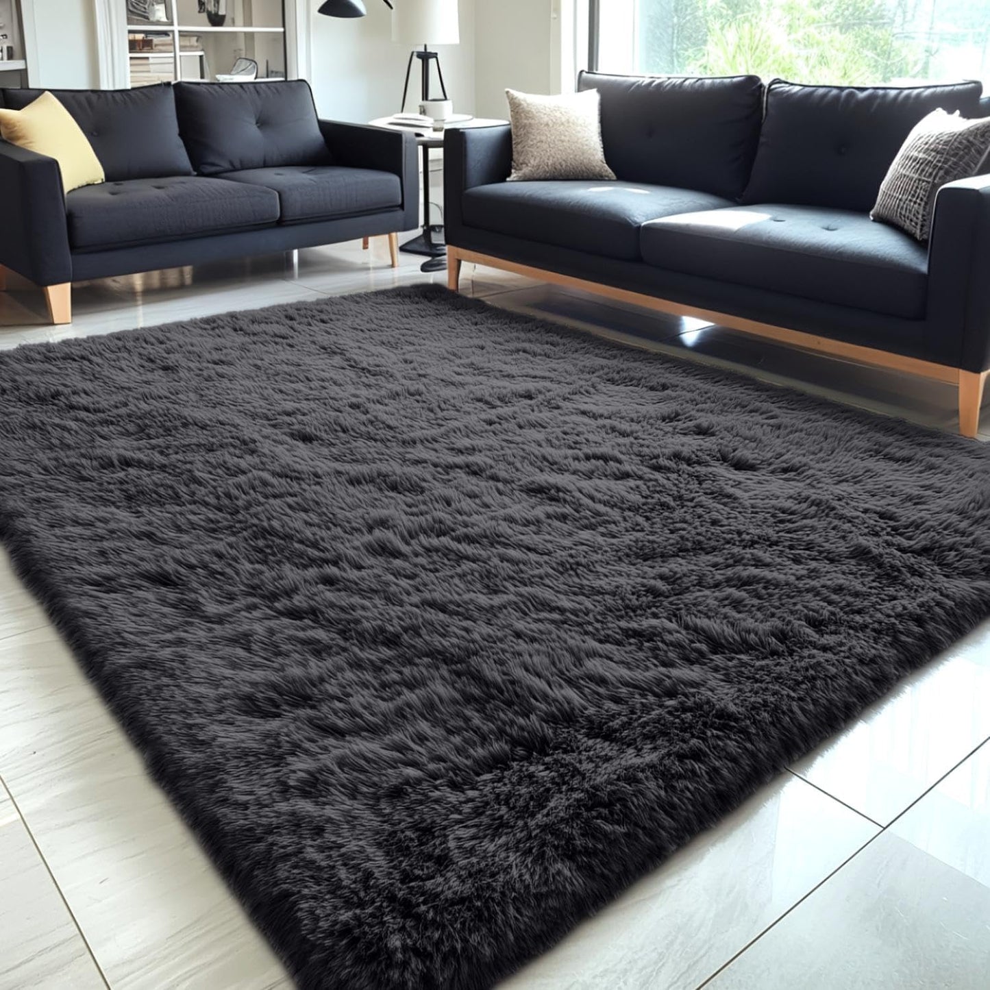 OLANLY Large Area Rug - Soft Fluffy Shaggy Carpet for Living Room & Bedroom | 5x9 ft, Black