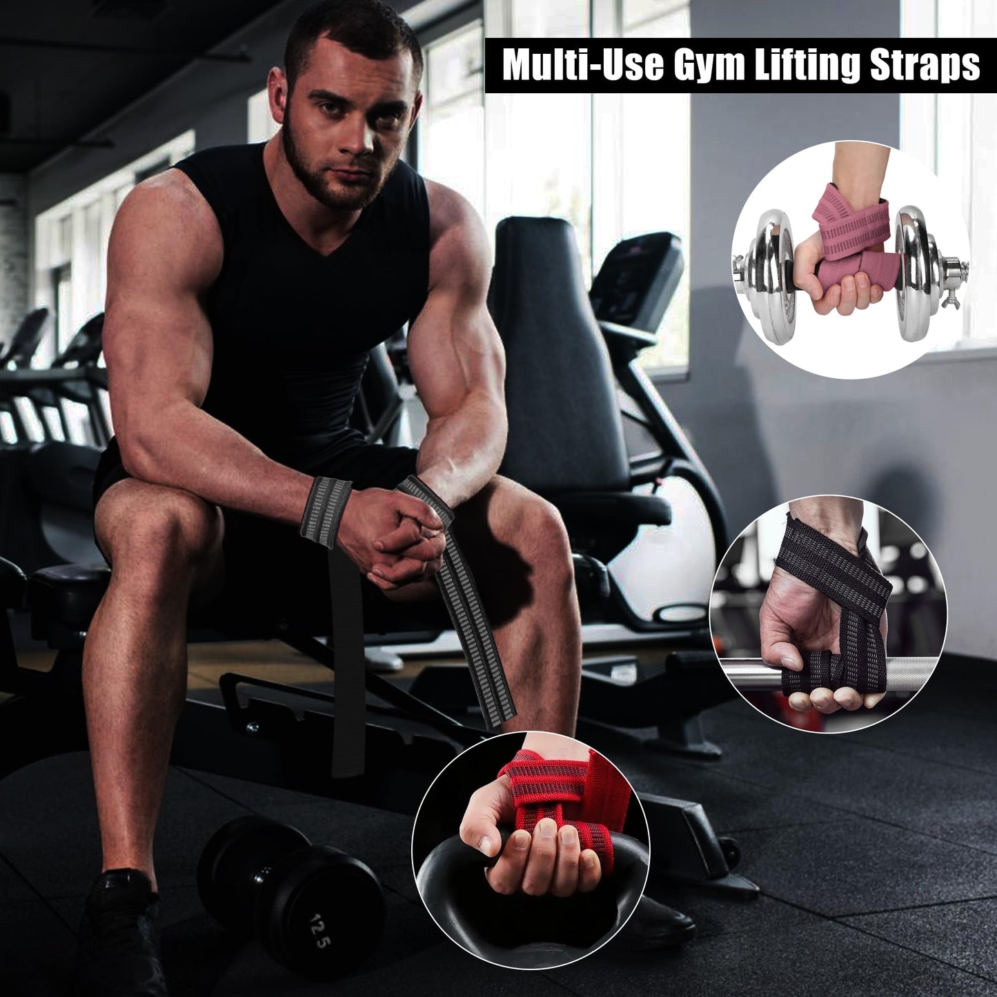4 Pack Lifting Wrist Straps for Weightlifting, Lifting Straps for Gym Strength Training,Deadlifts,Workout, Men & Women Neoprene-padded Wrist Cushion Cotton Lift Straps with Anti-Skid Silicone -Black