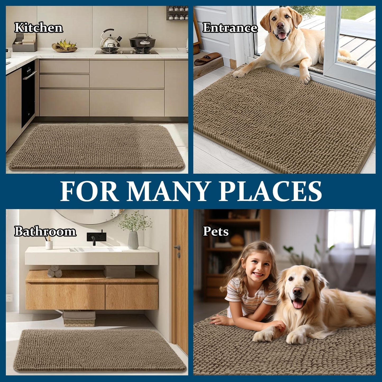 OLANLY Dog Door Mat - Absorbent Non-Slip Chenille Mat for Muddy Paws | Quick Dry 32x20 Tan Doormat