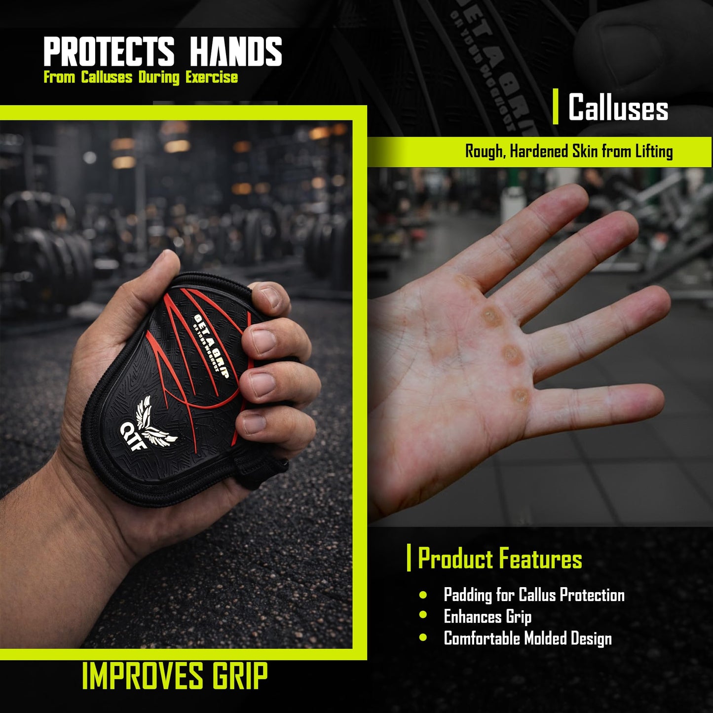 QTF Lifting Grips for Weightlifting Rubber Gloves Gym Palm Protector Grip Pads Replacement of Workout Gloves for Men & Women - Pads for Gym Weightlifting, & Pull Ups (Black/Pink)