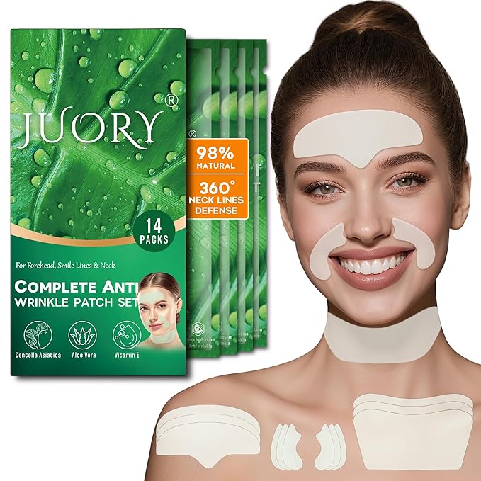 Forehead Smile Line and Neck Herbal Wrinkle Patches with Centella Asiatica, Aloe, Hyaluronic Acid, Vitamin E and Collagen, Overnight Facial Anti-Wrinkle Care to Lift and Smooth Skin for Womenï¼?4 Pack