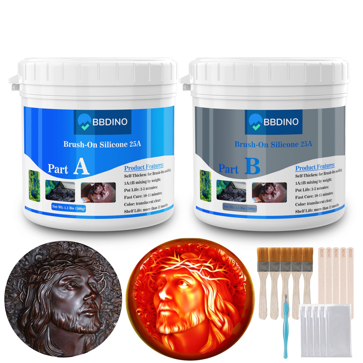 BBDINO Brush-on Silicone for Mold Making 25A 2.2 lbs, Platinum-Cure and Self-Thicken Liquid Silicone Mold Making Kit, Ideal for Masterial Costing Large Projects Like Stone/Concrete/Cement/Plaster