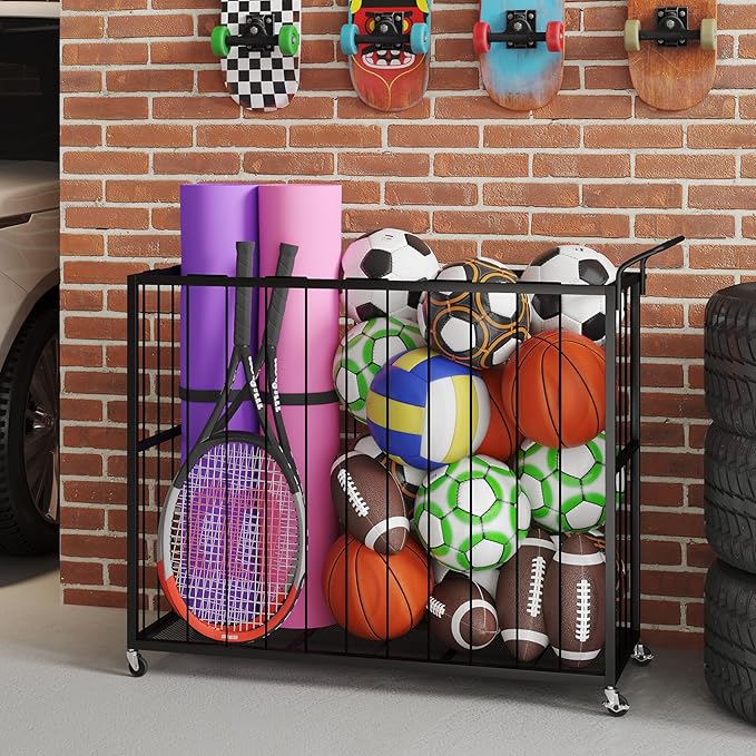 Ball Storage Bin Rolling Sports Ball Cart, Metal Garage Organizer Sport Rack, Ball Basket Storage, Ball Cage for Garage or Gym, Indoor & Outdoor Sports Equipment Organizer