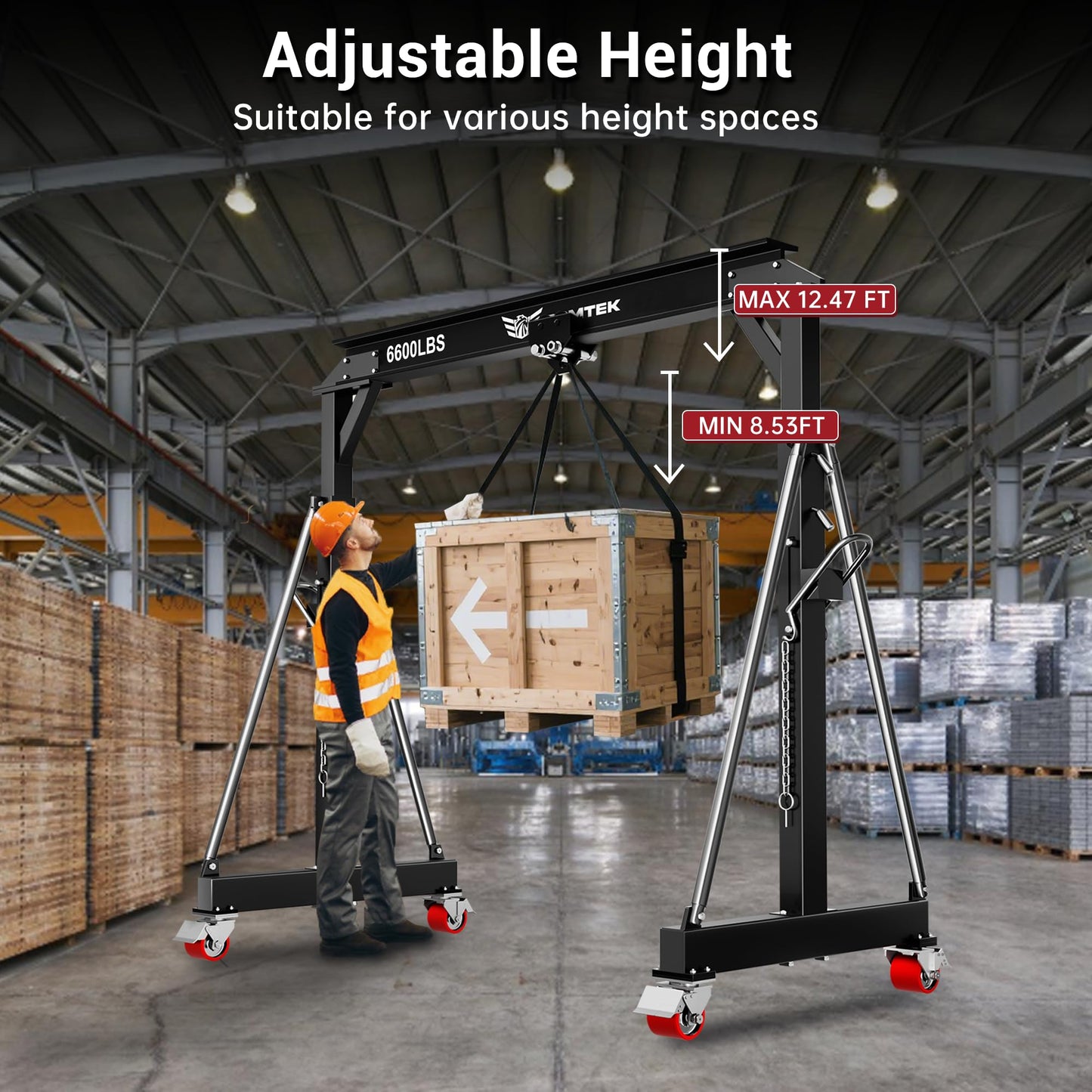 3 Ton MAX 6600LBS Gantry Crane, Adjustable Height (8.53-12.47 FT), Width (9.06 FT, Available 8.53FT), Steel I-Beam Construction, Portable Shop Hoist for Factories, Warehouses