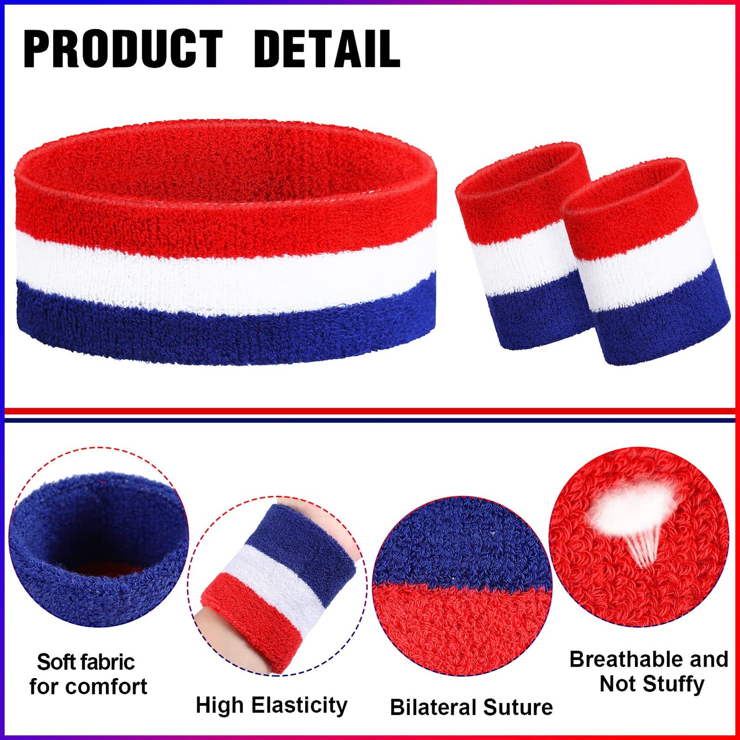 Eurzom 36-Piece Striped Sweatband Set: 12 Sweat-Absorbing Headbands and 24 Cotton Wristbands for Men, Women - Gym, Sports (White, Blue, Red)