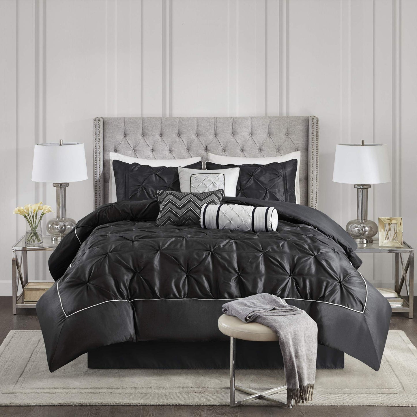 Madison Park Laurel Queen Size Bed Comforter Set Bed In A Bag - Black , Wrinkle Tufted Pleated – 7 Pieces Bedding Sets – Faux Silk Bedroom Comforters