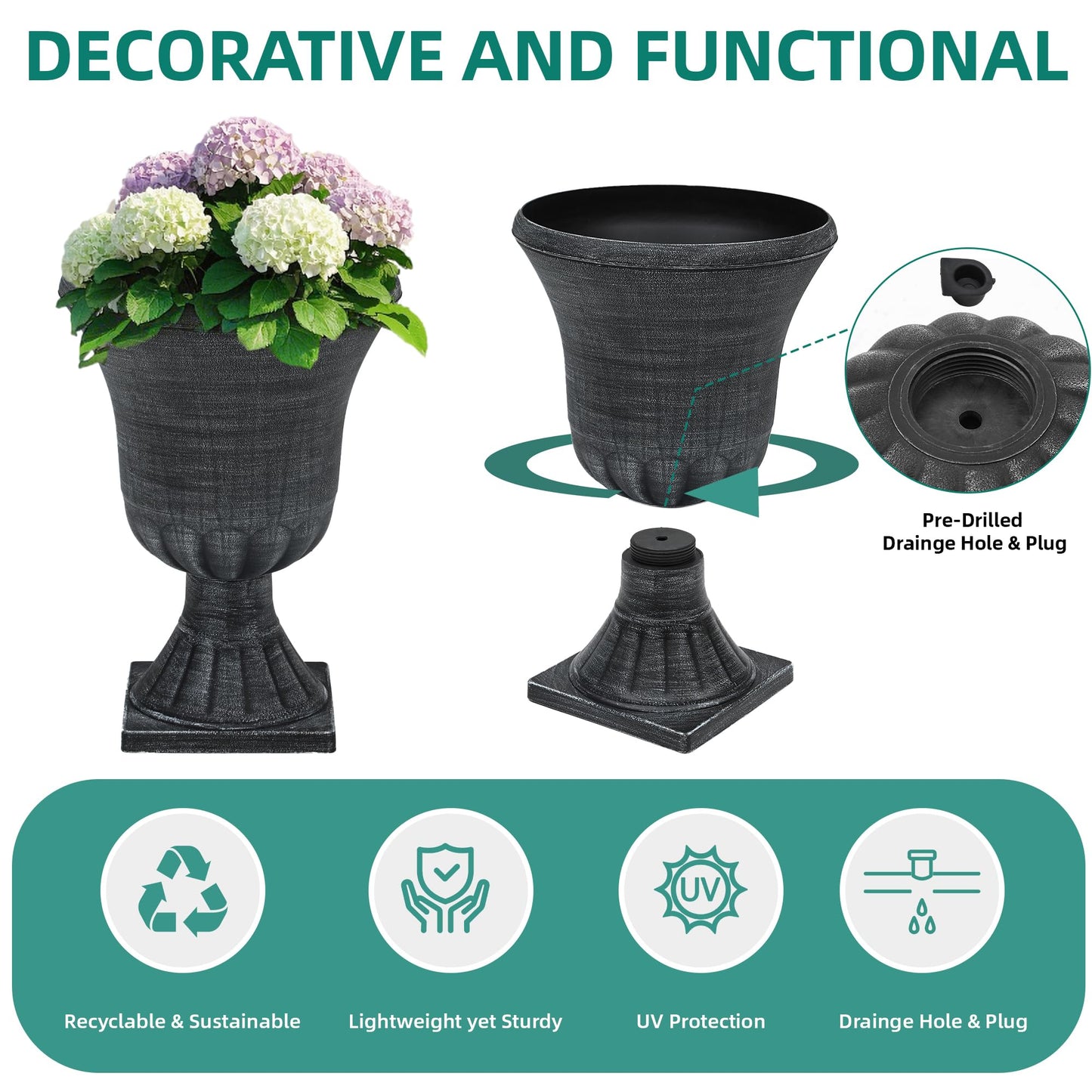 Autodaya 22" Timeless Urn Planters for Outdoor Plants, Set of 2 Plastic Large Flower Pot with Handmade Washed Black Finish, Weather-Resistant for Porch, Garden, Patio or Indoor Use