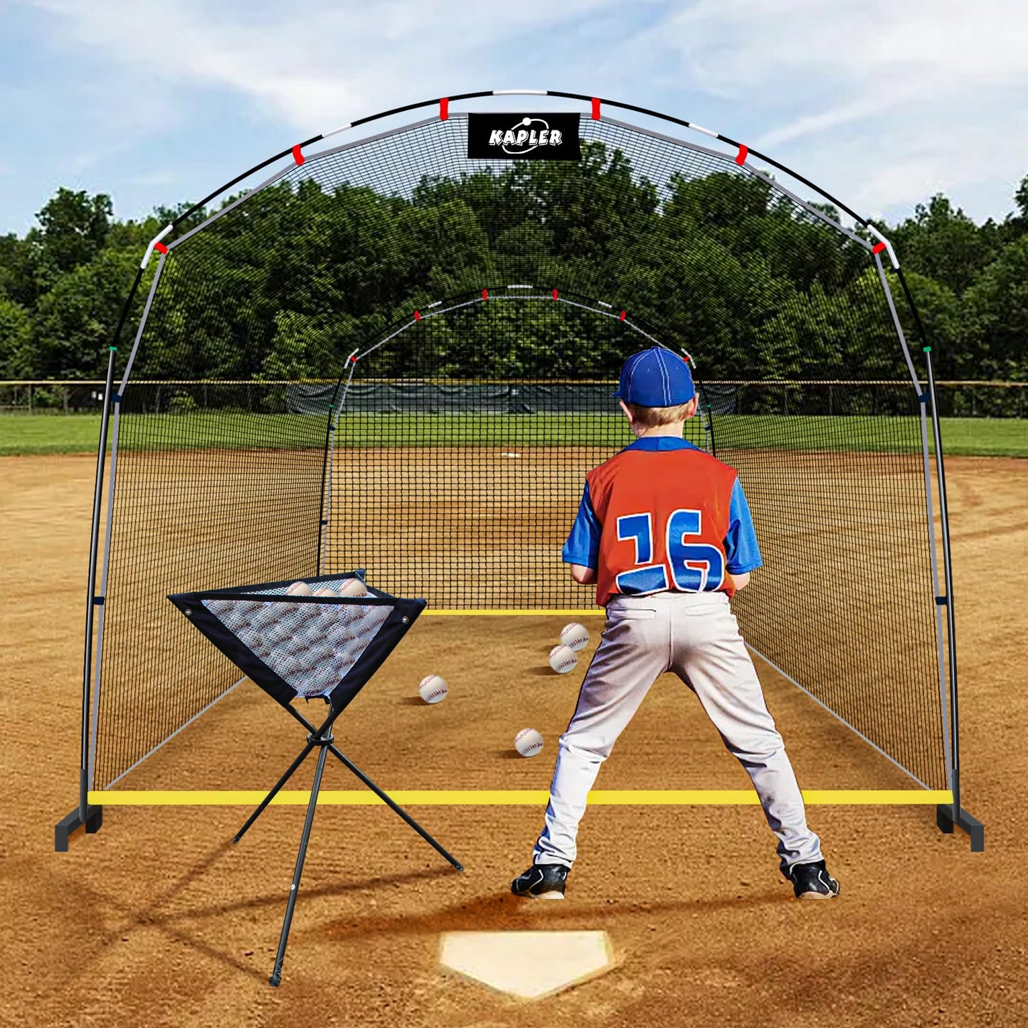 Kapler Baseball Batting Cage Net - 13ft x 10ft x 8ft Secure Steel Frame and Heavy Duty 4 Ground Stakes - Solo or Team Training for Backyard Field Outdoor Indoor Use