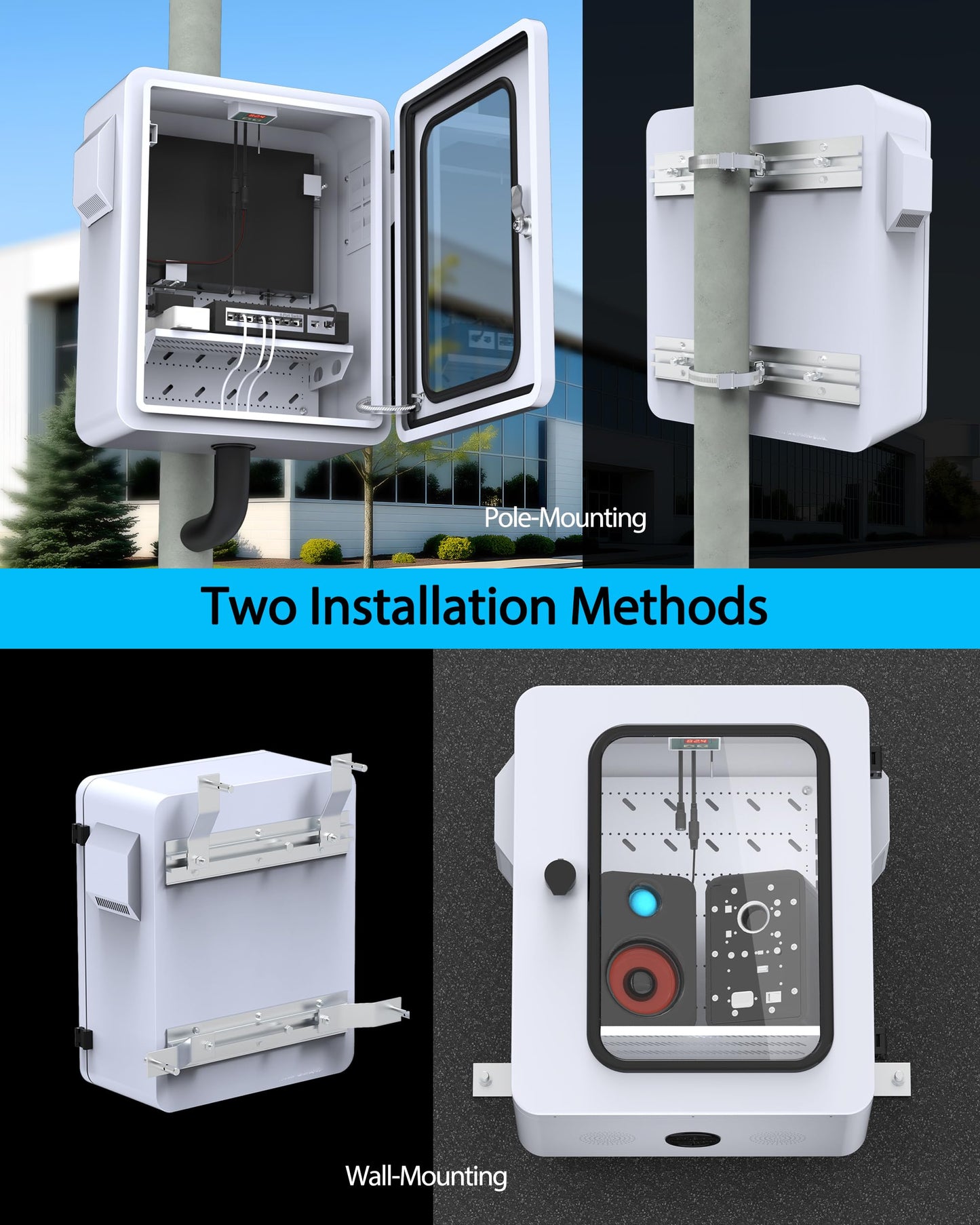 Akwscyby Outdoor Electrical Box with Thermostat and Fan and Clear Window, Precise Temperature Control 0.1°F, IP65 Water Resistant Rating, Galvanized Steel, Aluminum Rear Beam(19.7" x 17.7" x 8.0")