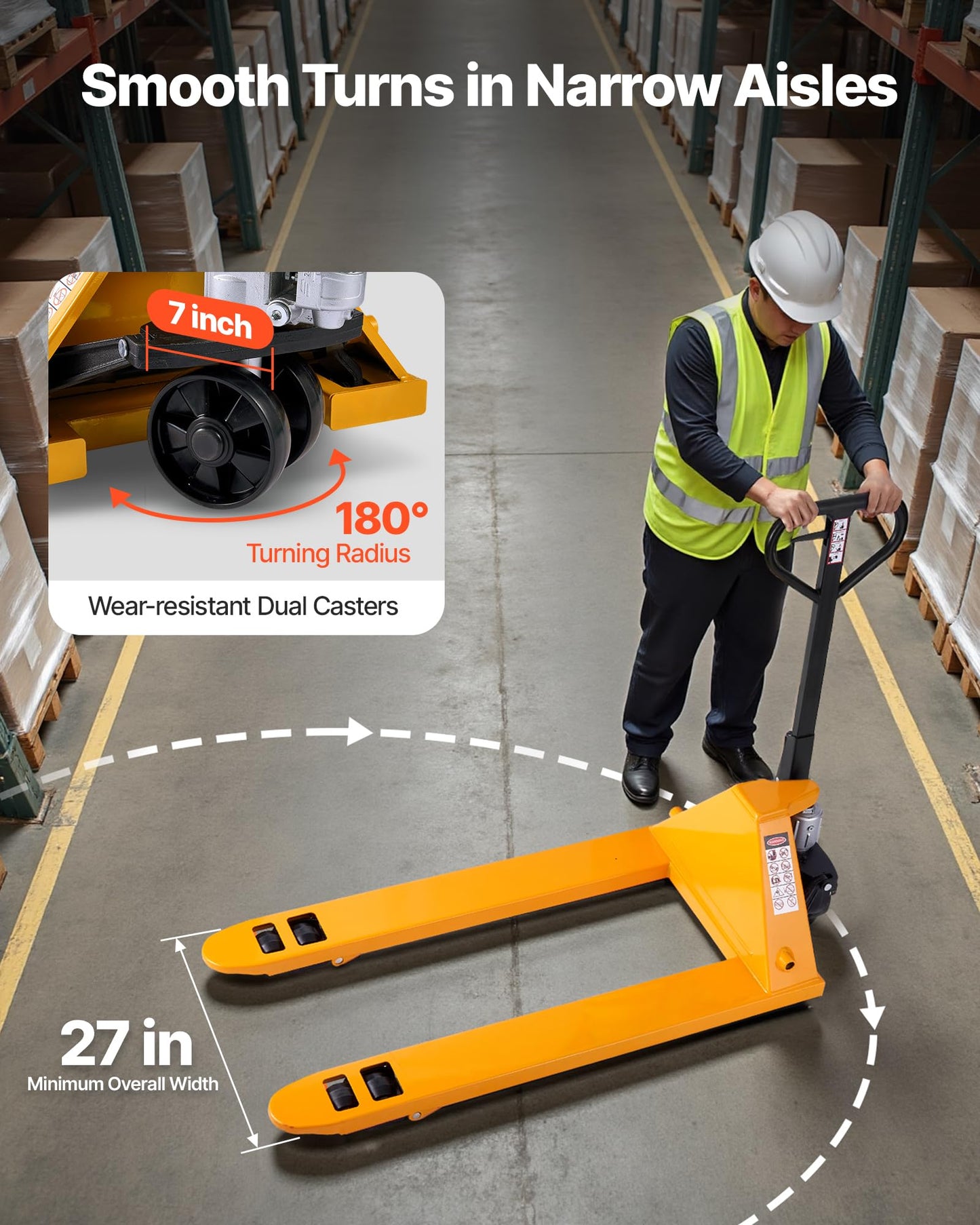 VEVOR Pallet Jack, 5500 lbs Load Capacity, Manual Pallet Truck with 48L x 27W Inch Forks for Material Handling, 3.35-7.1 Inch Fork Lift Height Range, Suitable for Warehouse, Supermarket, Manufacturing