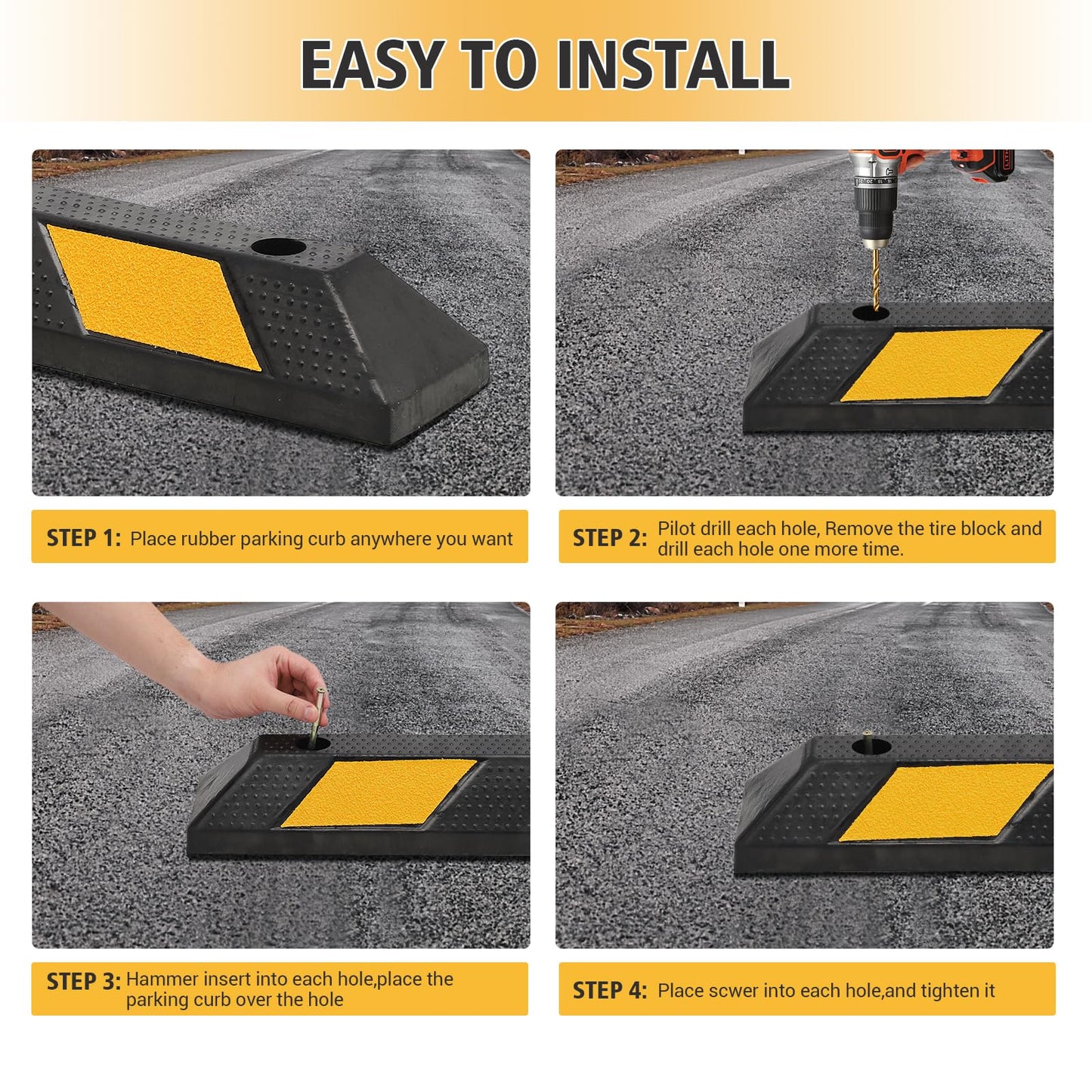 Garvee 72 Inch Rubber Parking Curb Set of 2, Wheel Stopper for Garage and Driveway, Parking Stop Block for Consistent Parking Positioning, 183 x 15 x 10 cm