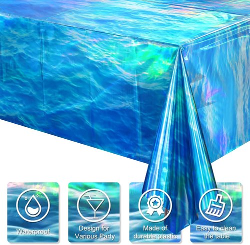 Iridescent Waves Tablecloths - Disposable Ocean Blue Rectangle Covers for Beach Party | 54 x 108 Inch
