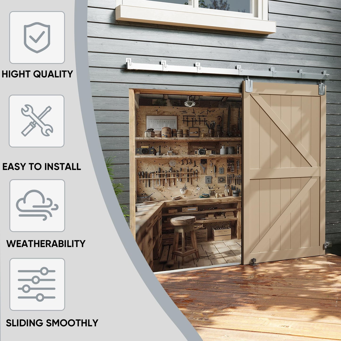 JUBEST 12FT Box Rail Exterior Barn Door Hardware Kit, Heavy-Duty Silver Sliding Barn Door Track System, Wall Mount Door Hardware Kits (Door Not Included)