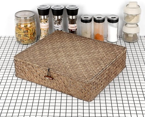 Hipiwe Seagrass Storage Basket - Woven Wicker Bin with Lid for Home Organization | Coffee X-Large