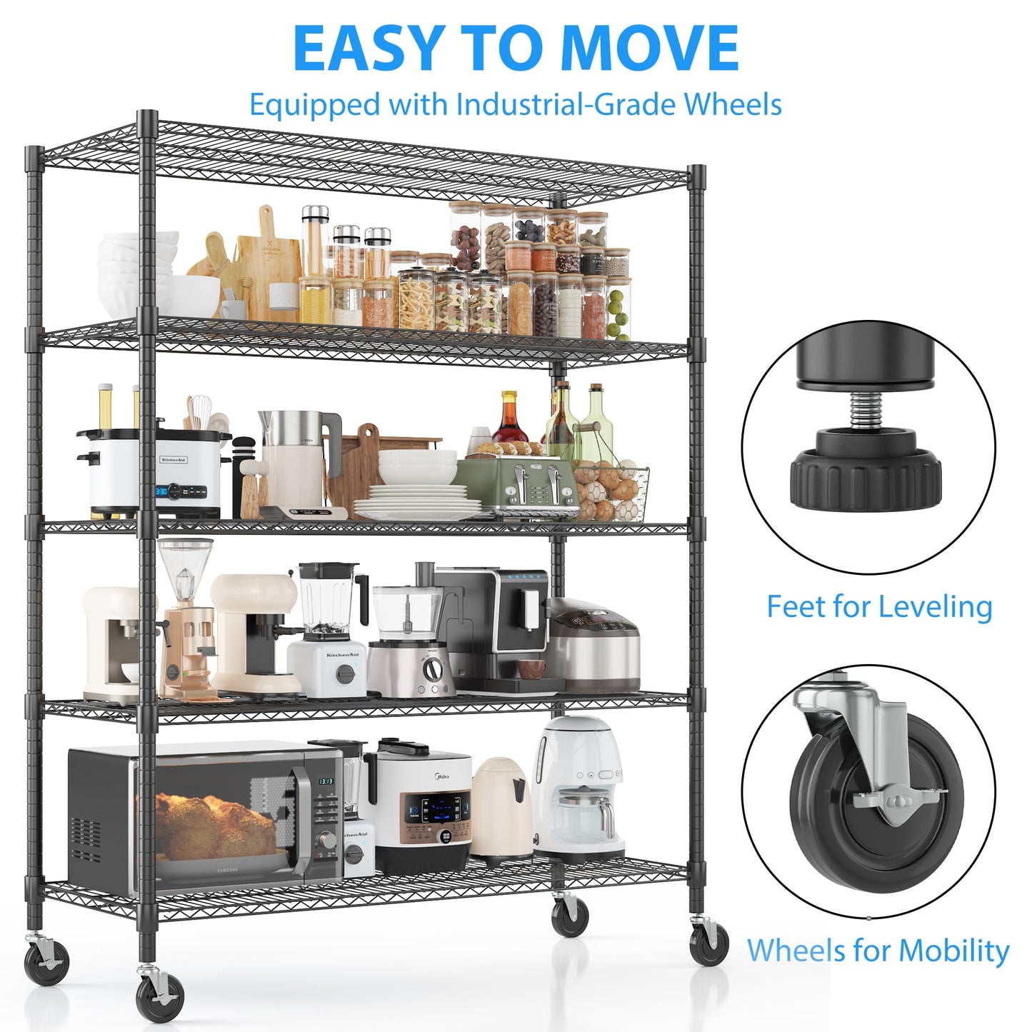Homdox Heavy Duty Storage Shelves, 5 Tier Wire Shelving Unit with Wheels, Commercial Adjustable Metal Shelves for Storage, Garage Rack Pantry Shelves Kitchen Shelving, 18"x48"x82", Black