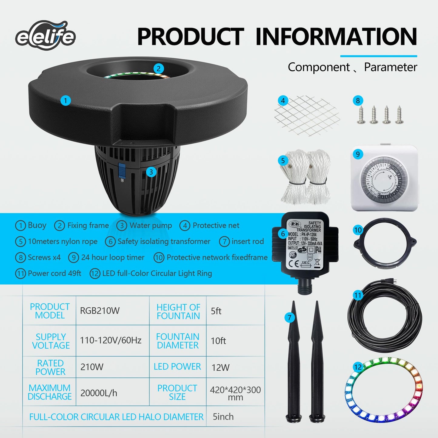 RGB Pond Fountain Aerator, 20000 GPH Floating Aerating Pump, 50ft Power Cord, Time Control, Perfect for Ponds & Lakes