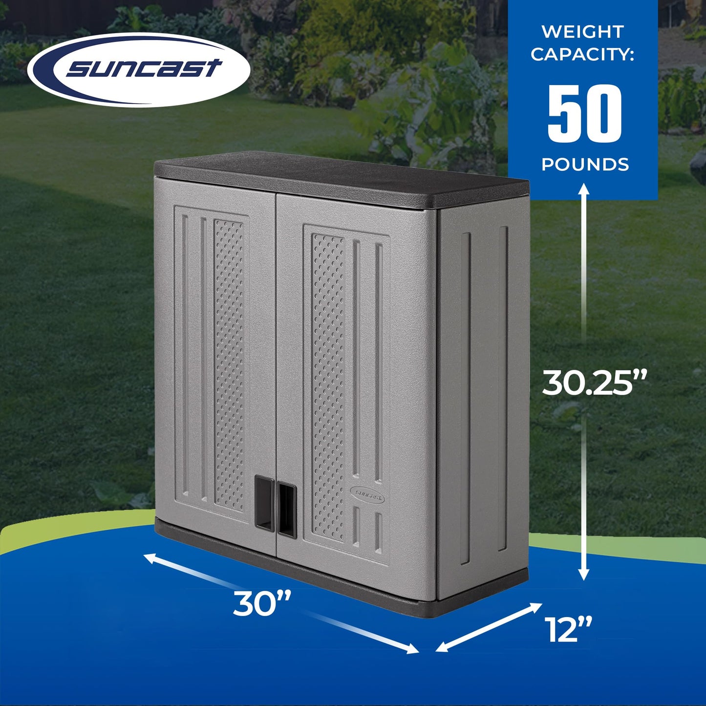 Suncast Wall Storage Cabinet for Garage Organization - 4 Cu. Ft. Wall Mounted Garage Cabinet with Shelf for Garden Supplies, Paint Cans & Outdoor Tools, Multi-Wall Resin Construction, Platinum