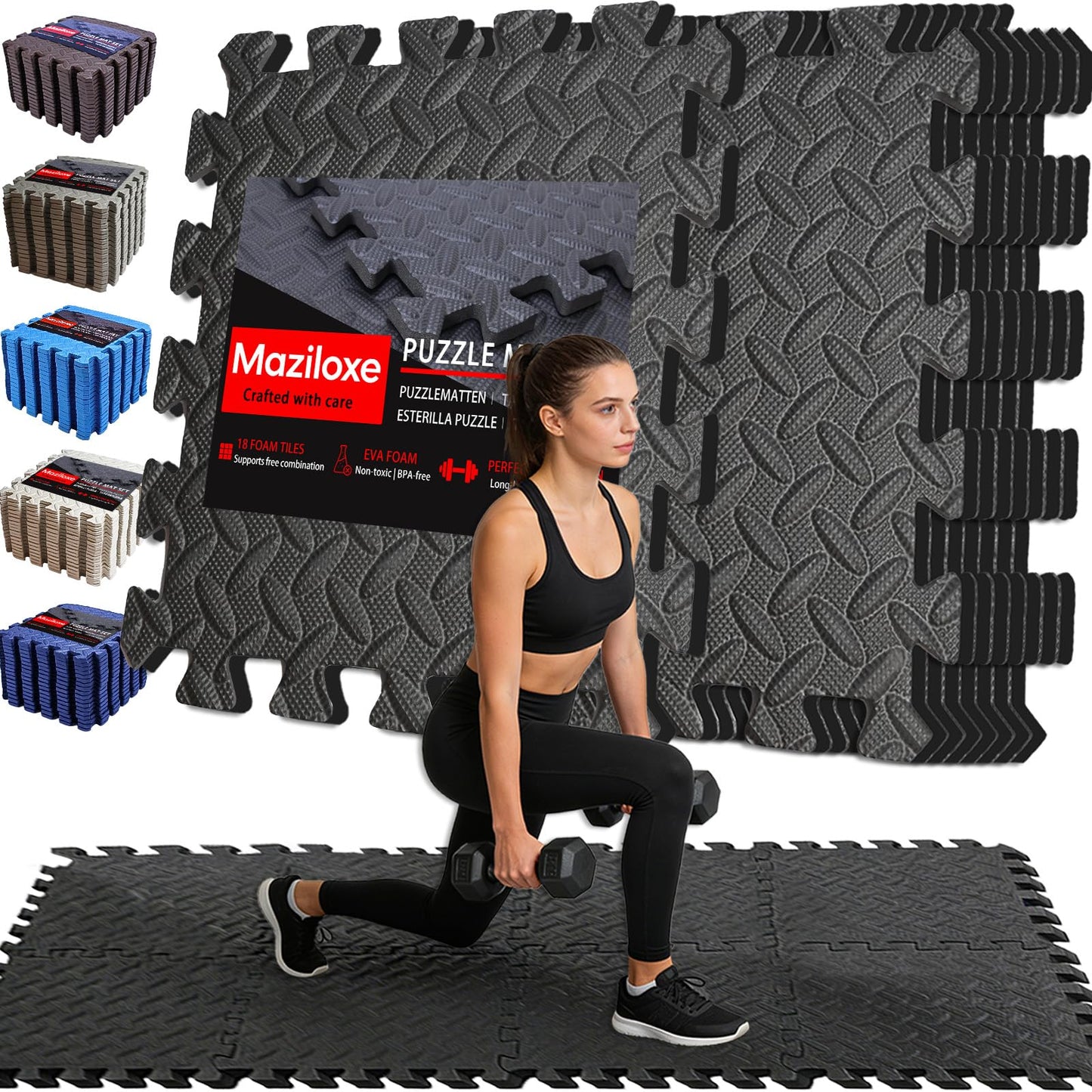Maziloxe Gym Flooring for Home Gym, 18 PCS Anti-Slip Interlocking Foam Floor Tiles, 12.6"x12.6"x0.4" EVA Exercise Mats, Puzzle Floor Mat For Workout, Yoga, Kids Play Area, Treadmill, Garage