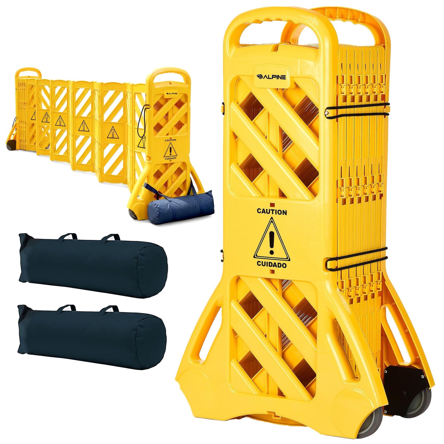 Alpine Commercial Safety Barriers, 13 Foot Expandable Mobile Barricade System - Folding Portable Barrier, Yellow, Plastic, for Construction, Driveway Gate