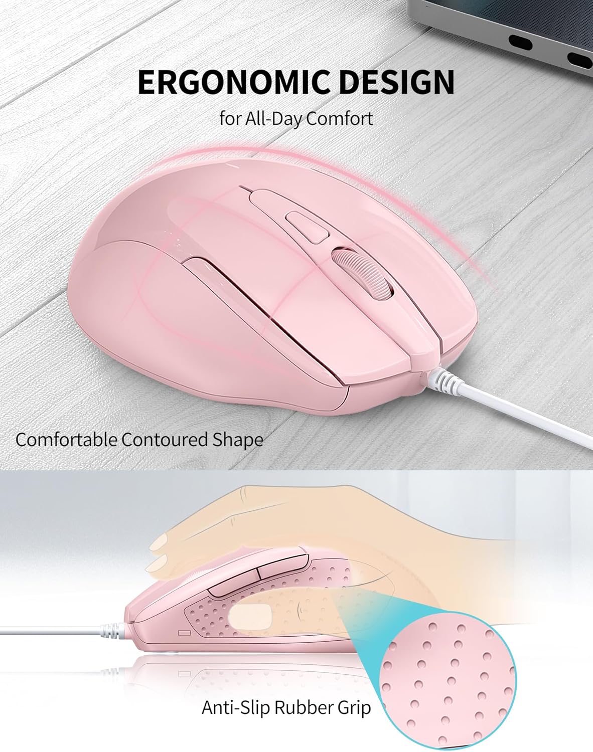 TECKNET 6-Button 4 5FT Wired Mouse, Corded with Adjustable DPI, Optical Ergonomic Design, Cord for Laptop, Chromebook
