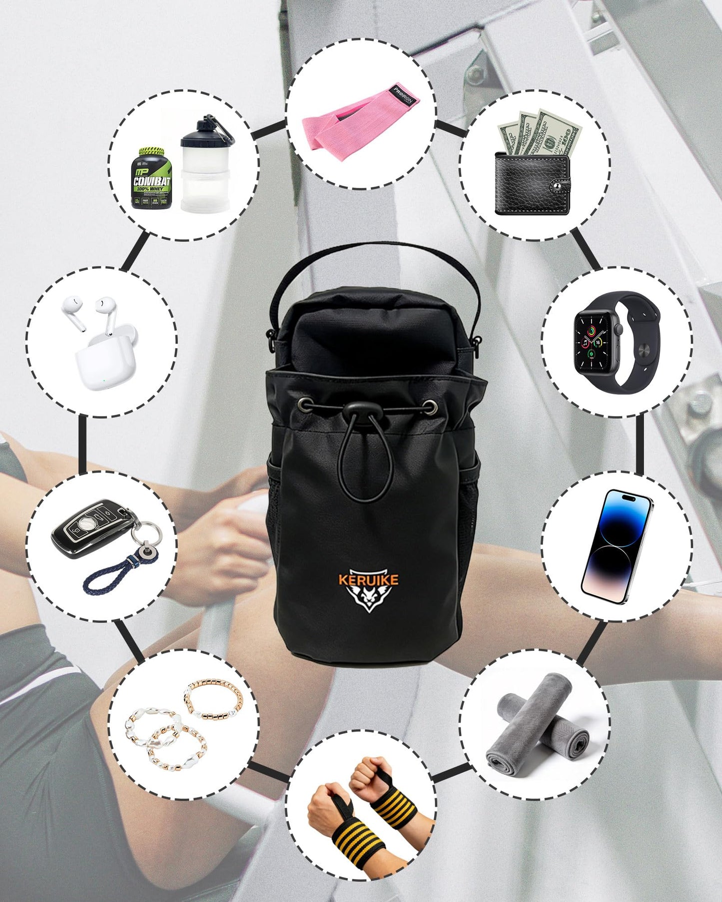 KERUIKE Magnetic Gym Bag For Men Women Magnetic Gym Water Bottle Bag with Phone Pocket Water Bottle Holder for Gym & 5 N52 Strong Magnets Gym Accessories Small Gym Bag for Gifts Sports Garage