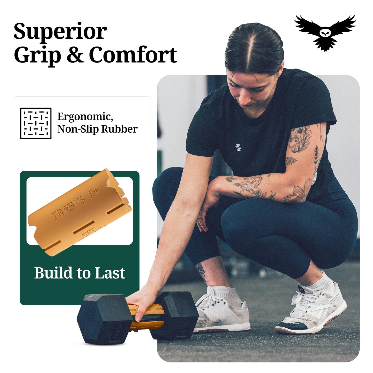 Tribus Grips Prime Thick Grips (2.44" diameter) for Barbells & Dumbbells (One pair) - Arm & Forearm Muscle Gains, Ergonomic, Durable, Non-Slip Rubber Grip