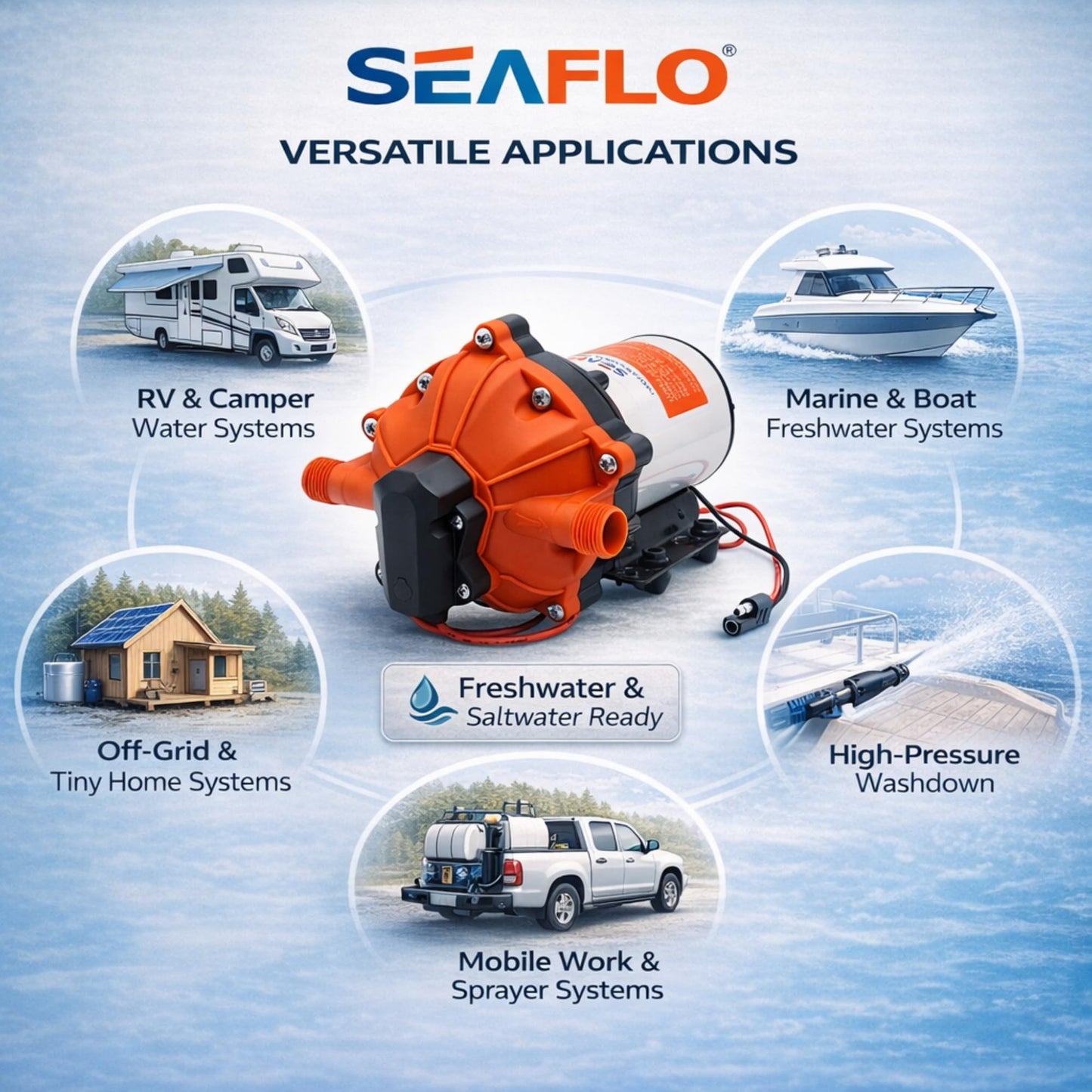 SEAFLO 55 Series 12V RV Water Pump 5.5 GPM 60 PSI Diaphragm Pump Heavy Duty Pressure Switch Built In Bypass Self Priming Quiet High Flow RV Marine Off Grid Freshwater System 4-Year Warranty