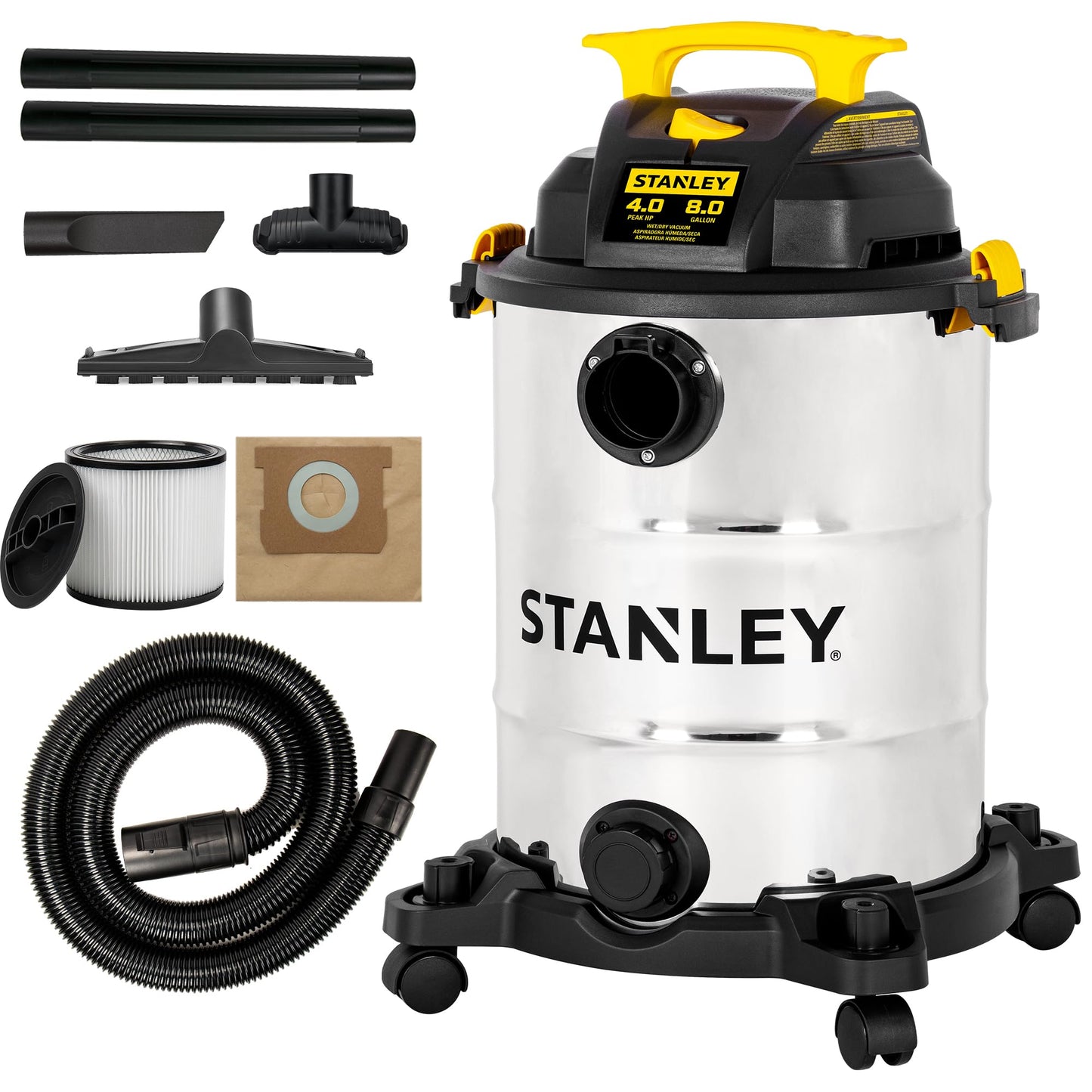 STANLEY 8 Gallon Wet Dry Vacuum, 4 Peak HP Portable Shop Vacuum with Drain Port & Blower, Industrial Wet Dry Vacuum Cleaner, Stainless Steel Tank for Garage, Workshop, Car Detailing, Jobsite, SL18117