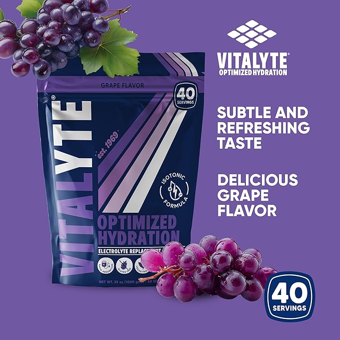 Vitalyte Electrolyte Powder Drink Mix, Isotonic Electrolyte Hydration Mix, Gluten Free Post Workout Powder Mix, Pack of 2, 35 oz. Each, Grape Flavor