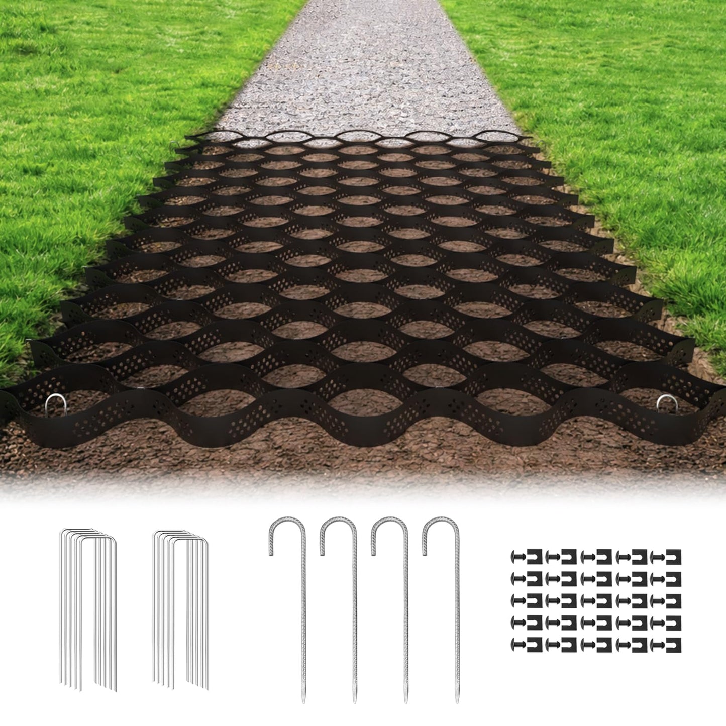 Gravel Grid 2'' Depth with Metal Stakes, 6.6x16.4 FT Geogrid for Gravel Driveway 2200 lbs per Sq FT Erosion Control Ground Grid Gravel Stabilizer Grid for Driveway, Parking Lot, Slope, Walkway, Patio