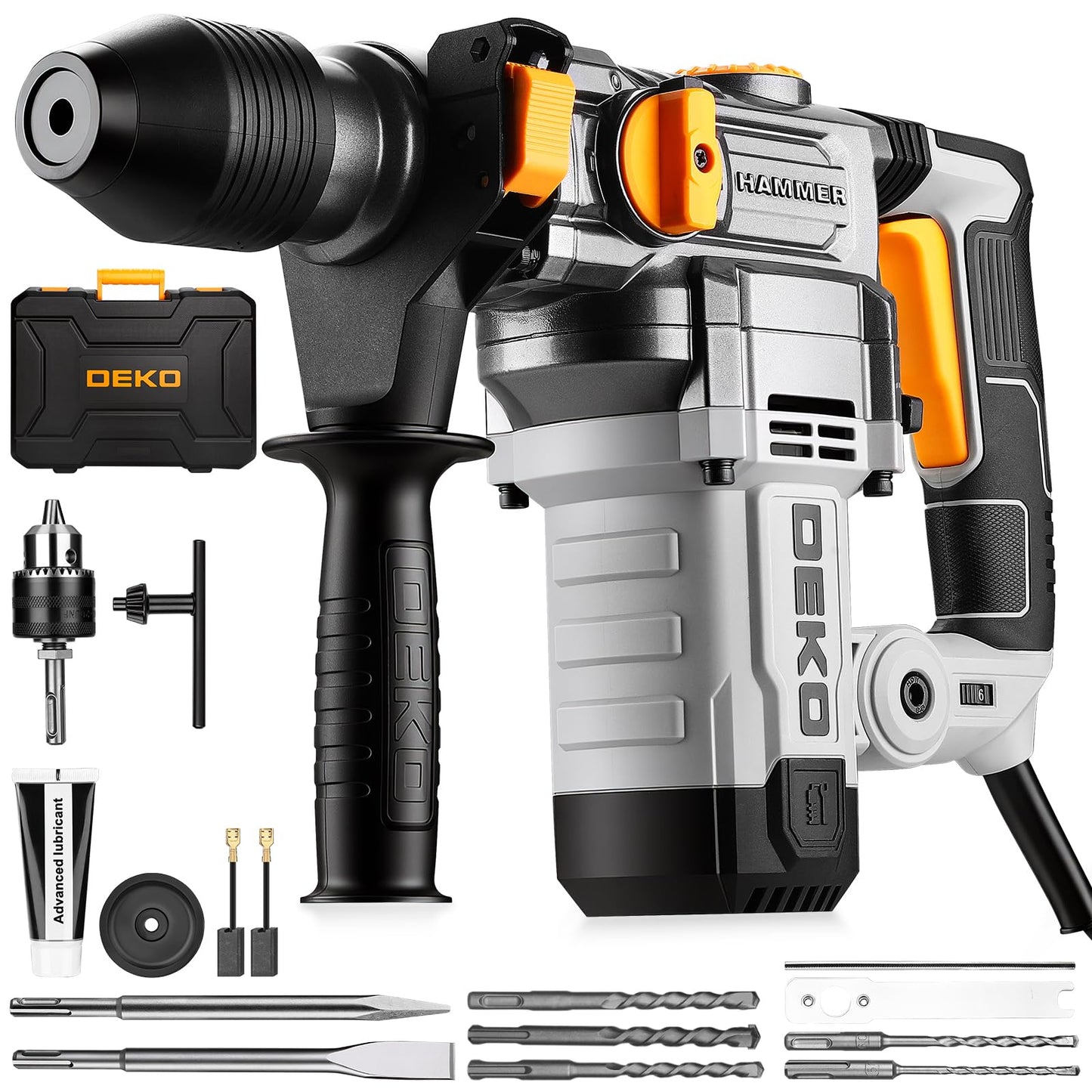 1-1/4 Inch SDS-Plus Rotary Hammer Drill, 12.5Amp Electric Heavy Duty Hammer Drill Corded with 4 Functions, Demolition Hammer for Concrete with Drill Bits and Chisels, Safety Clutch & Vibration Control