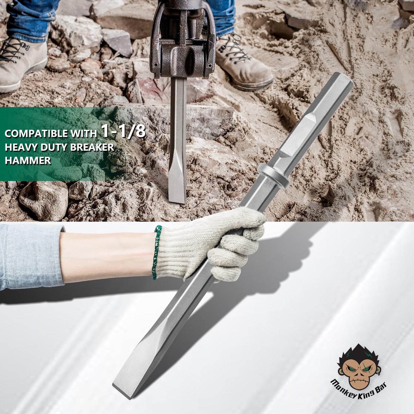 Monkey King Bar- Long 20 Inch Hex Chisel Bit- Flat Chisel Bit Ideal for Removing Masonry- Round Hex & Spline Hammer Steel