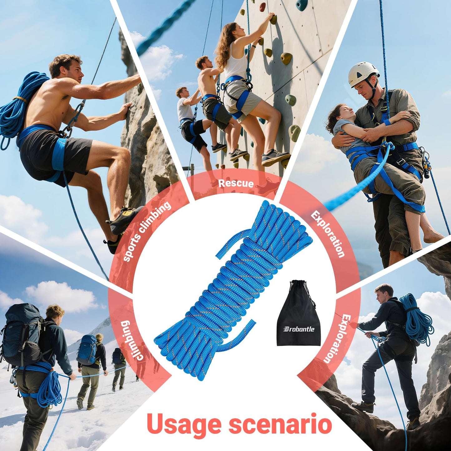 Brobantle 10.5mm Climbing Rope,32FT Static Rock Climbing Rope for Escape Rope Ice Climbing Equipment Fire Rescue Parachute