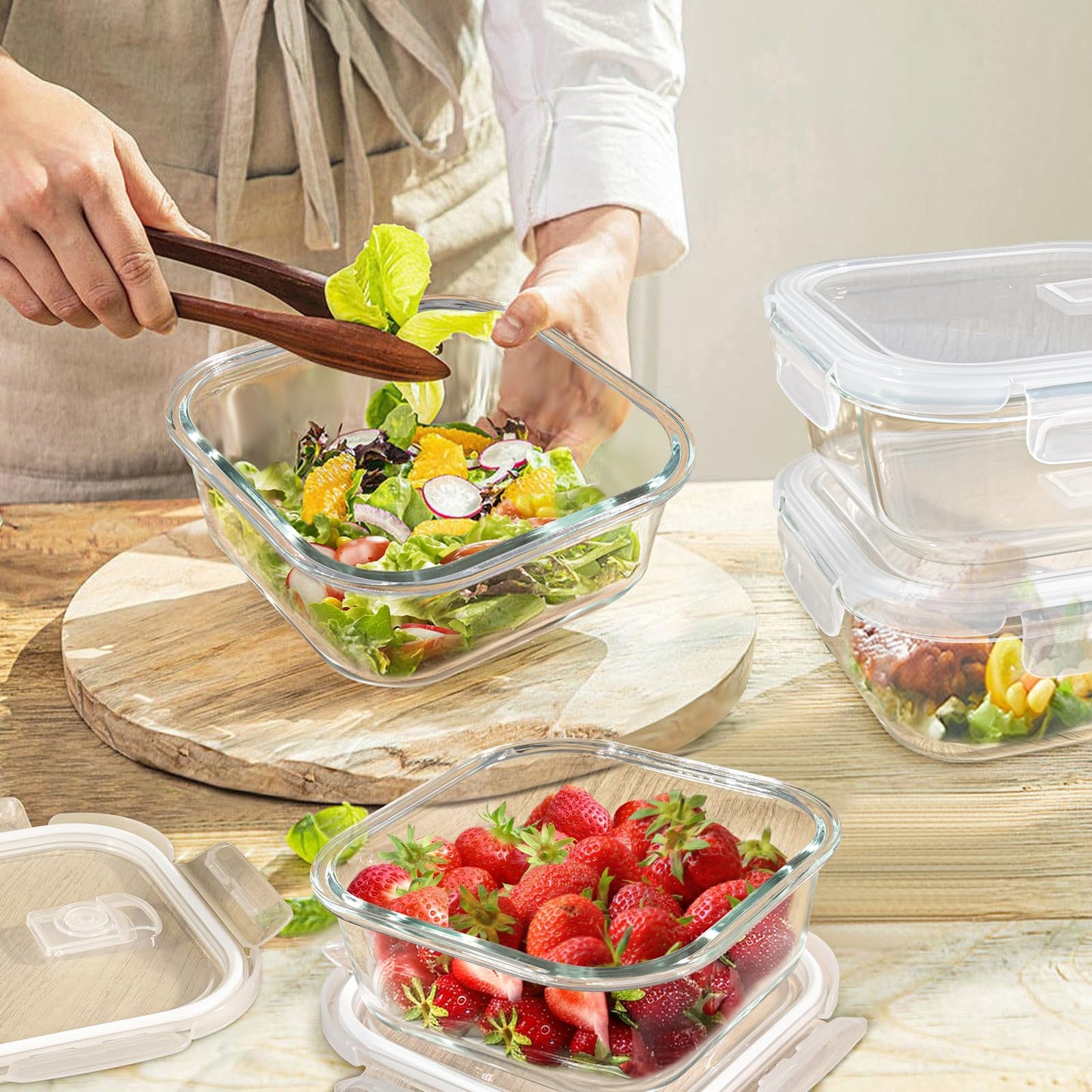 Susukkie Square Glass Containers with Lids 24oz - Borosilicate Glass Food Storage Set 3 Cup, Freezer Safe Meal Prep Containers, Sandwich Lunch Box, Yogurt Cereal Bowls with Vented Lids BPA Free 4 Pack