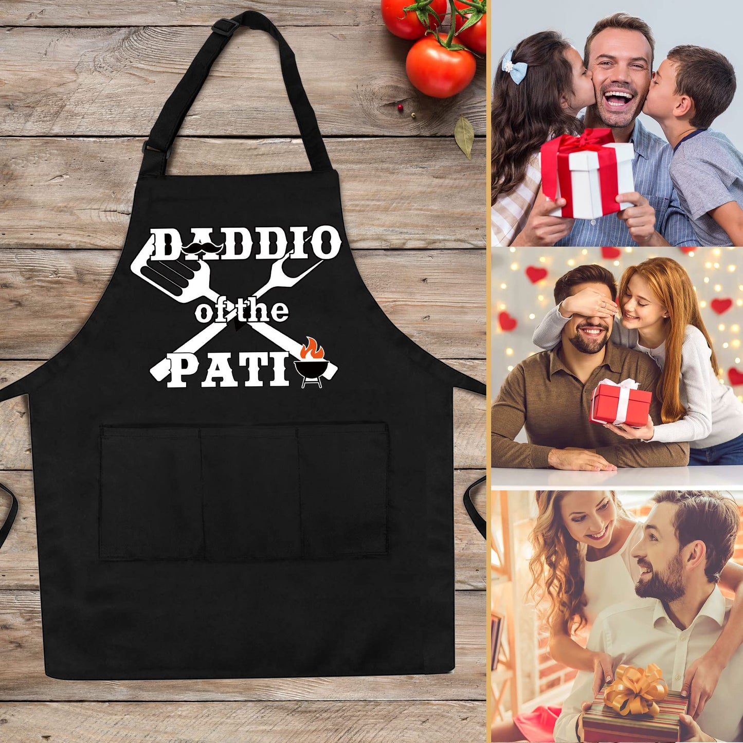 cusugbaso Funny Fathers Day Gift, Grill Aprons for Men with Three Pockets - Daddio of the Patio - Bbq Apron Father's Day, Christmas, Birthday Gifts for Husband, Dad, Men from Daughter, Son, Wife