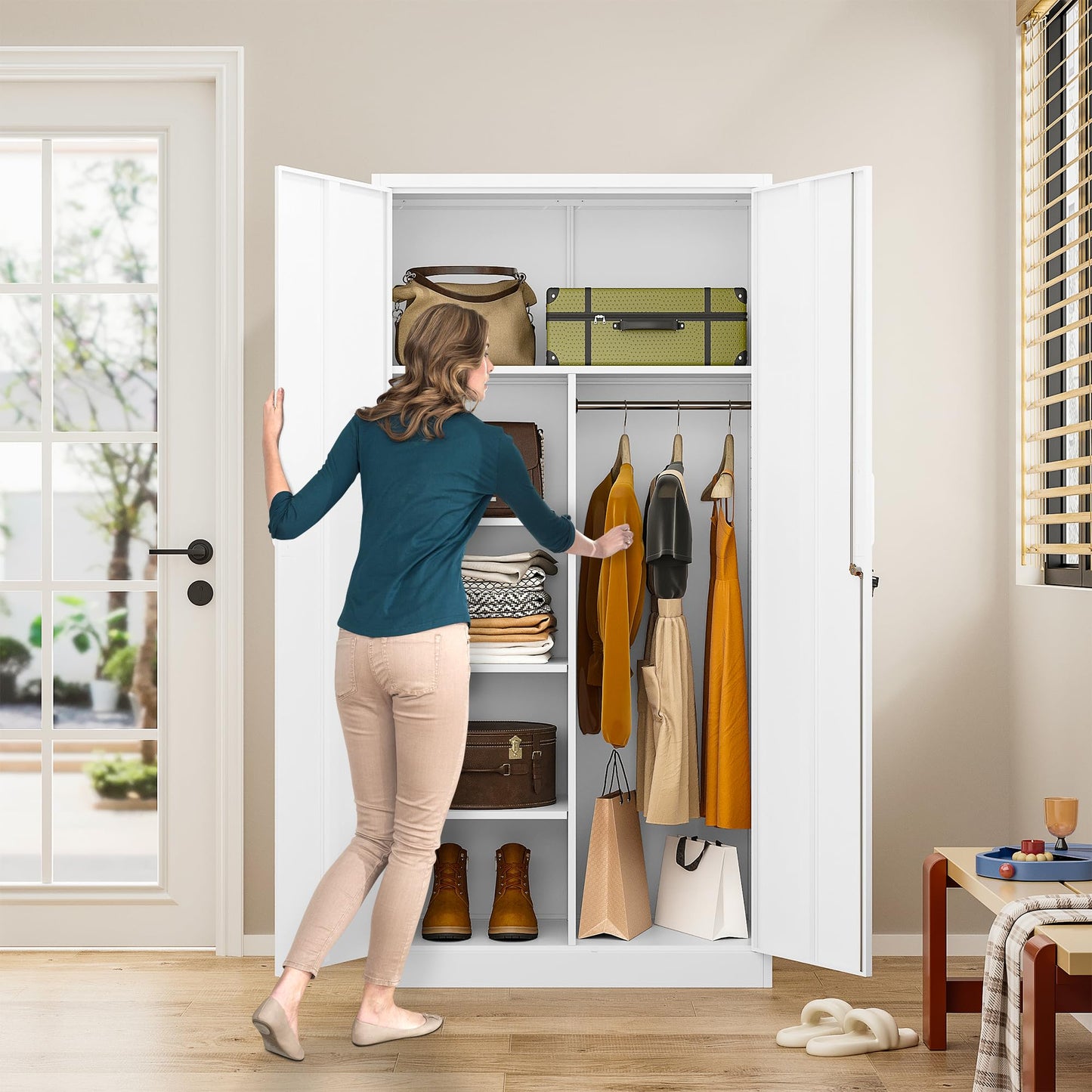 Wide & Deep Metal Storage Cabinet with Hanging Rod,White Broom Closet Storage Cabinet with Lock,72" Tall Wardrobe Cabinets with Doors and Shelves,Locking Steel Tool Cabinets for Home,Office,Garage