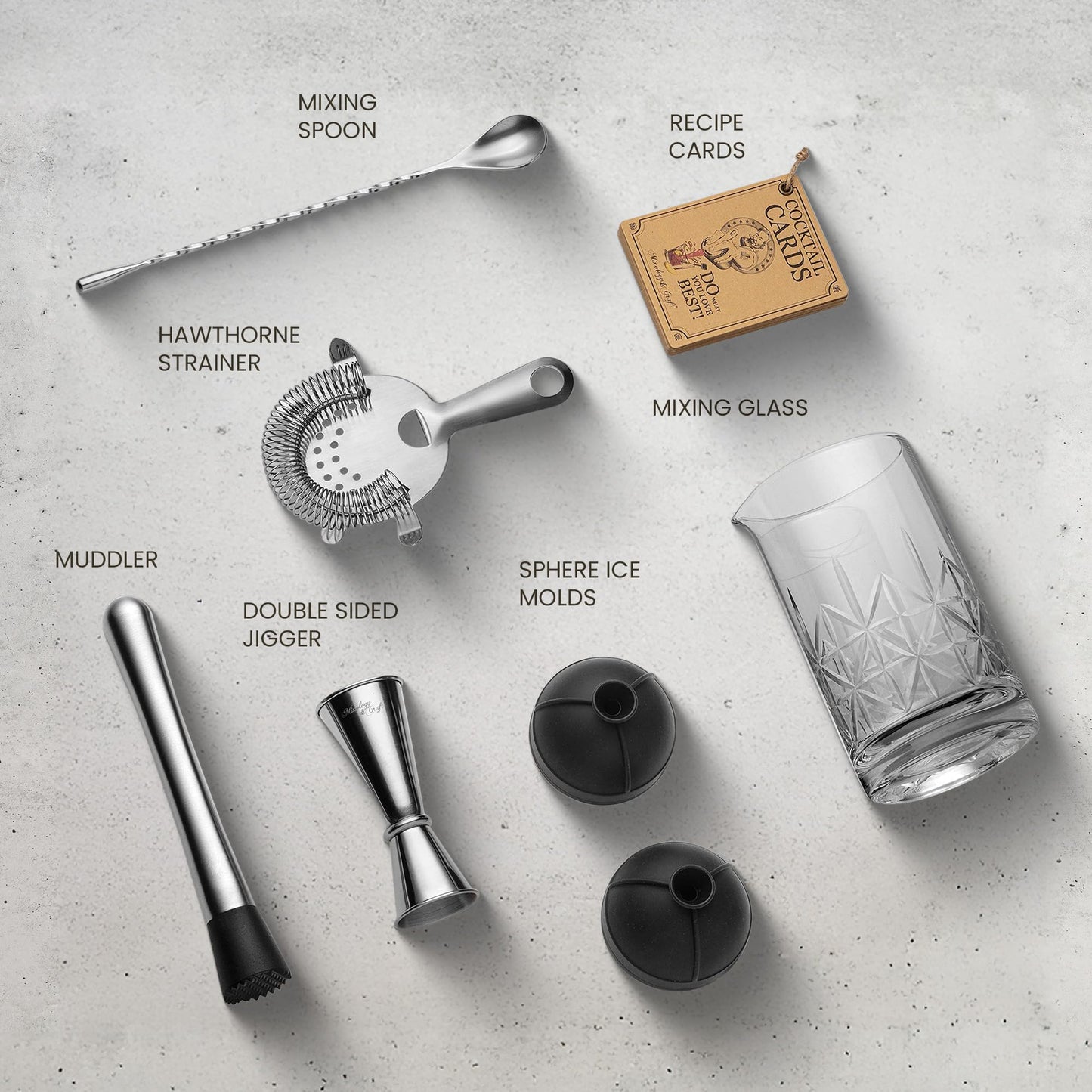 Mixology & Craft Commercial Grade Bar Mixing Glass – Includes 24oz Crystal Stirring Glass, Japanese Jigger, Bar Spoon, Muddler, and Hawthorne Strainer for Crafting Old Fashioned Cocktails at Home Bars