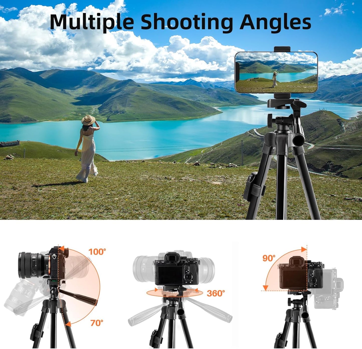 Fotopro 51'' 3-Way Camera Tripod, Lightweight Portable Travel Tripods for Camera and Phone with Head Remote Control