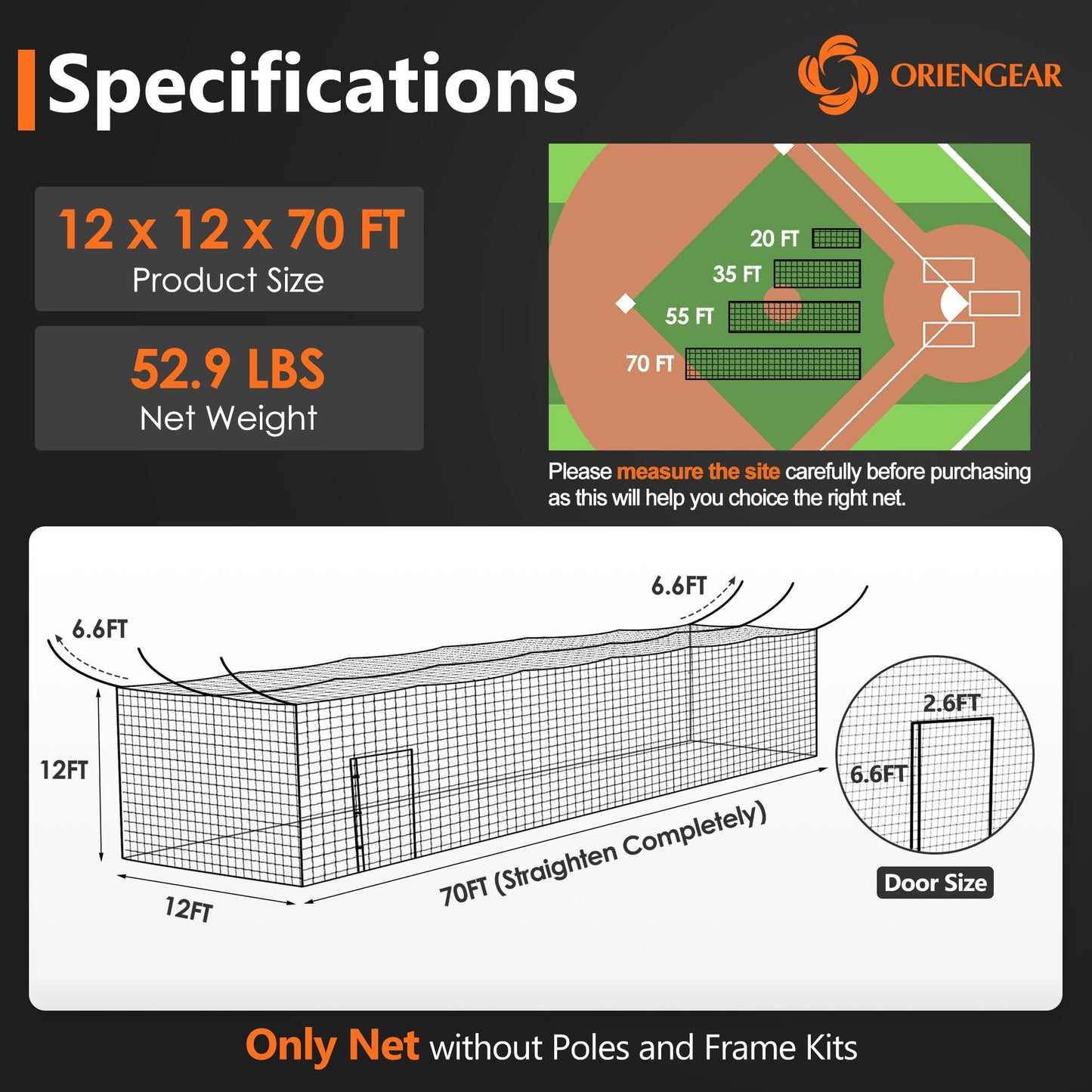 ORIENGEAR Baseball Batting Cage Nets, ONLY NET, 12'H x12'W x 70'L Baseball and Softball Cage Netting, 1.88" Mesh, Professional Fully Enclosed Heavy Duty PE Hitting Cage Net with Door, Without Poles