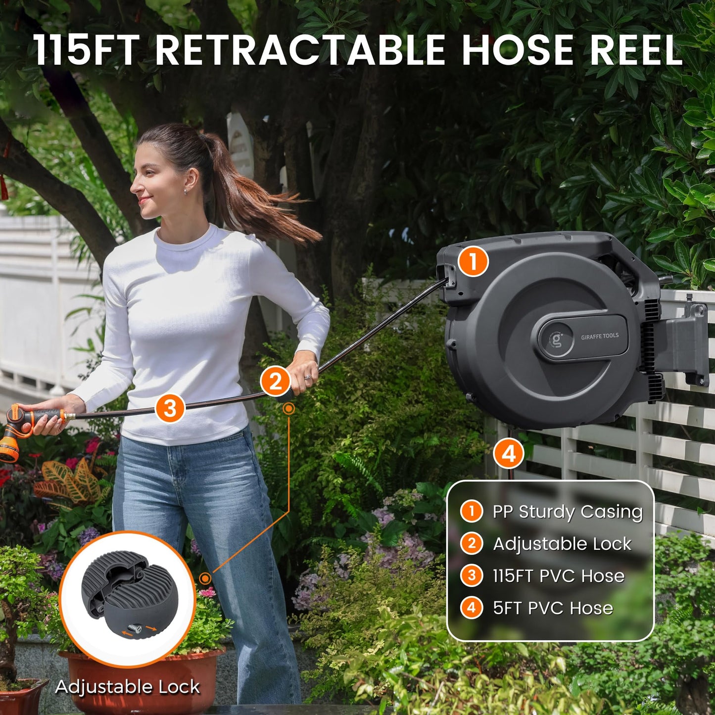Giraffe Tools AW505/8 Retractable Garden Hose Reel 5/8" x 115+5 ft, Heavy Duty Wall Mounted Water Hose Reel Automatic Rewind, 180 Deg Swivel Bracket, Slow Retraction, 115ft, Dark Grey