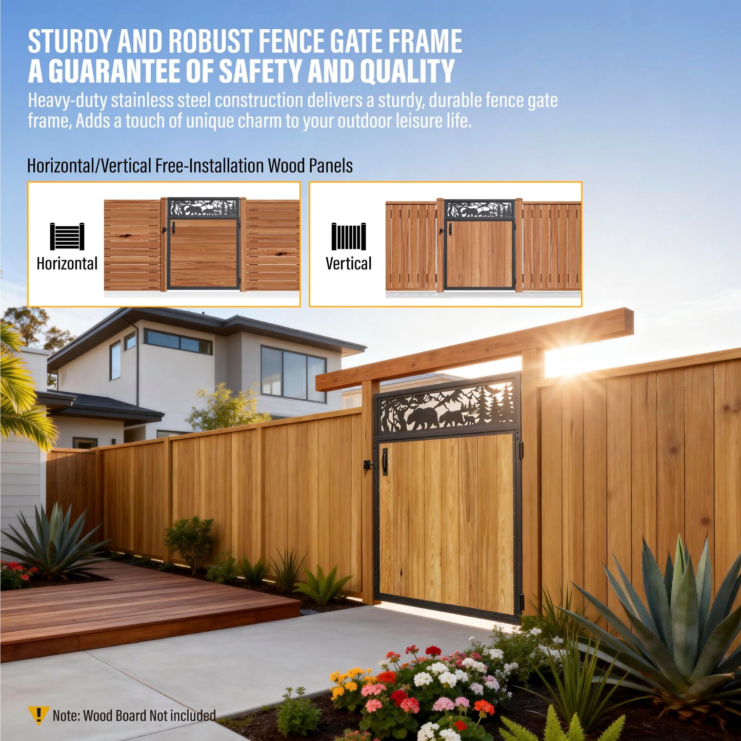 WOWACE 4x5FT Fence Gate Frame Kit 201 Stainless Steel Heavy Duty Garden Gates Anti-Sag Backyard Front Gate Reinforcement Hardware, Left/Right Mount (No Wood Planks Included)