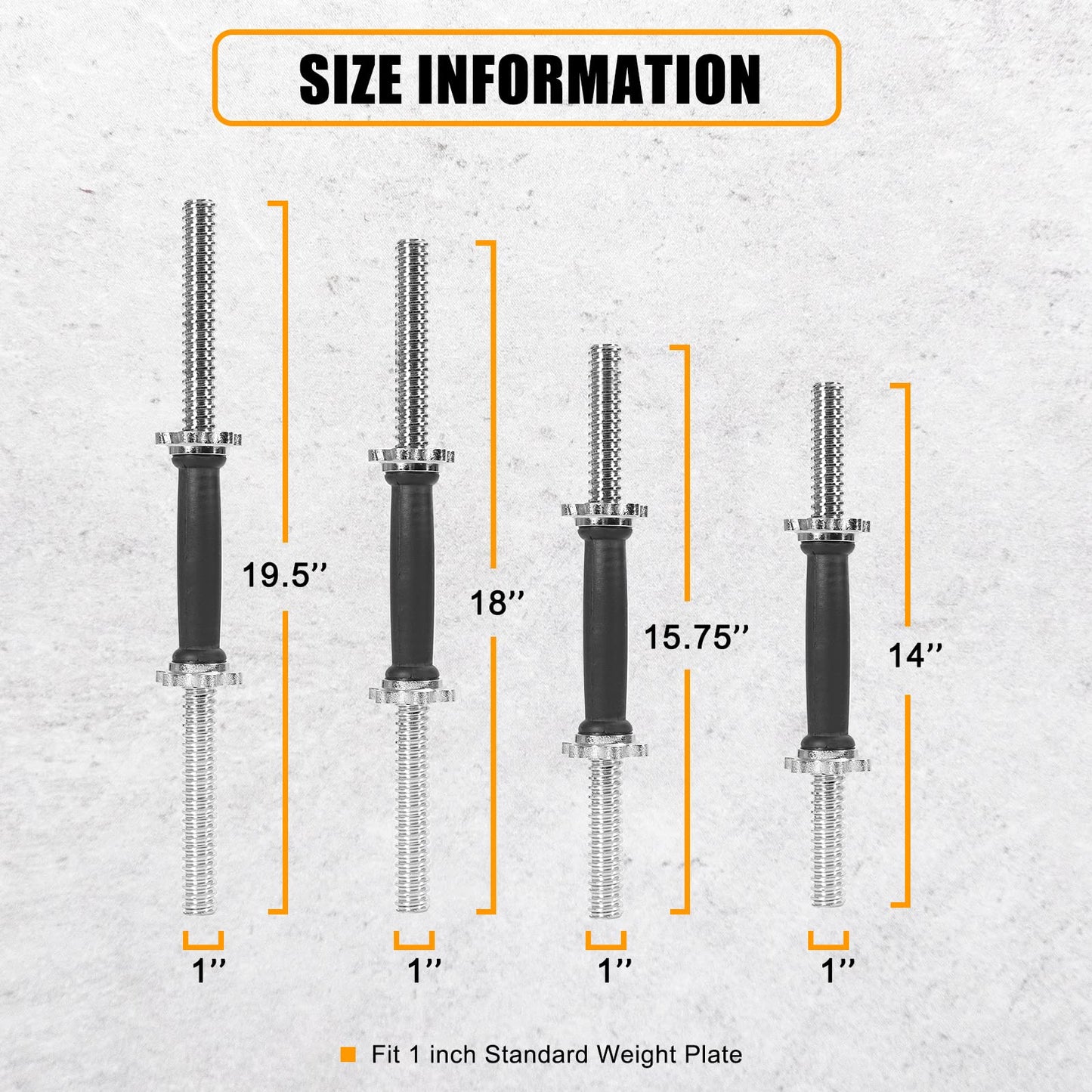 Threaded Dumbbell Rubber Handles 1 Inch Pair, 14" Adjustable Dumbbell Bar Handles, Fits Standard Weight Plates with 1” Diameter, for Gym Workouts, Exercise, Weightlifting, Sold in Pair