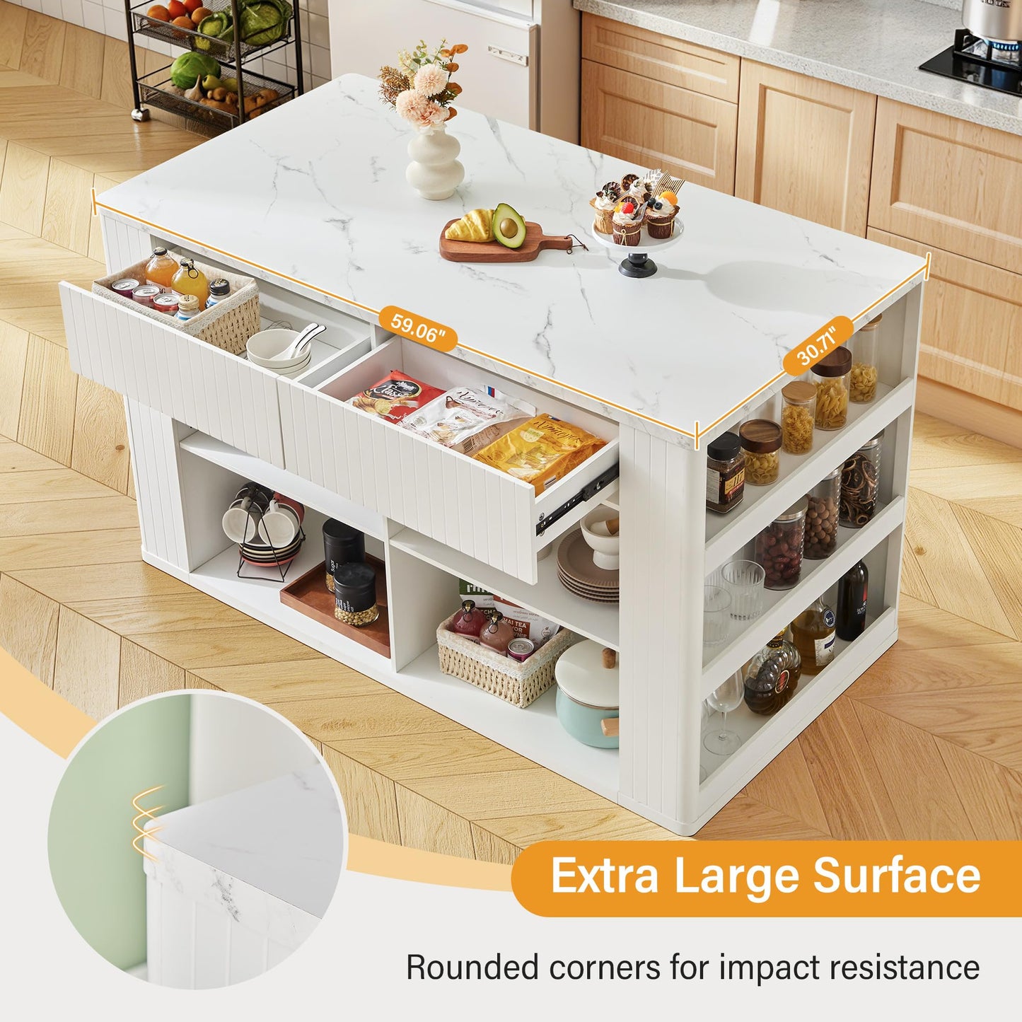 59" Kitchen Island with Storage & Seating for 2, Modern Stationary Kitchen Island with Faux Marble Top, 2 Drawers, Open Shelves & 5 Hooks, Counter Height Prep Table for Dining & Kitchen (White)